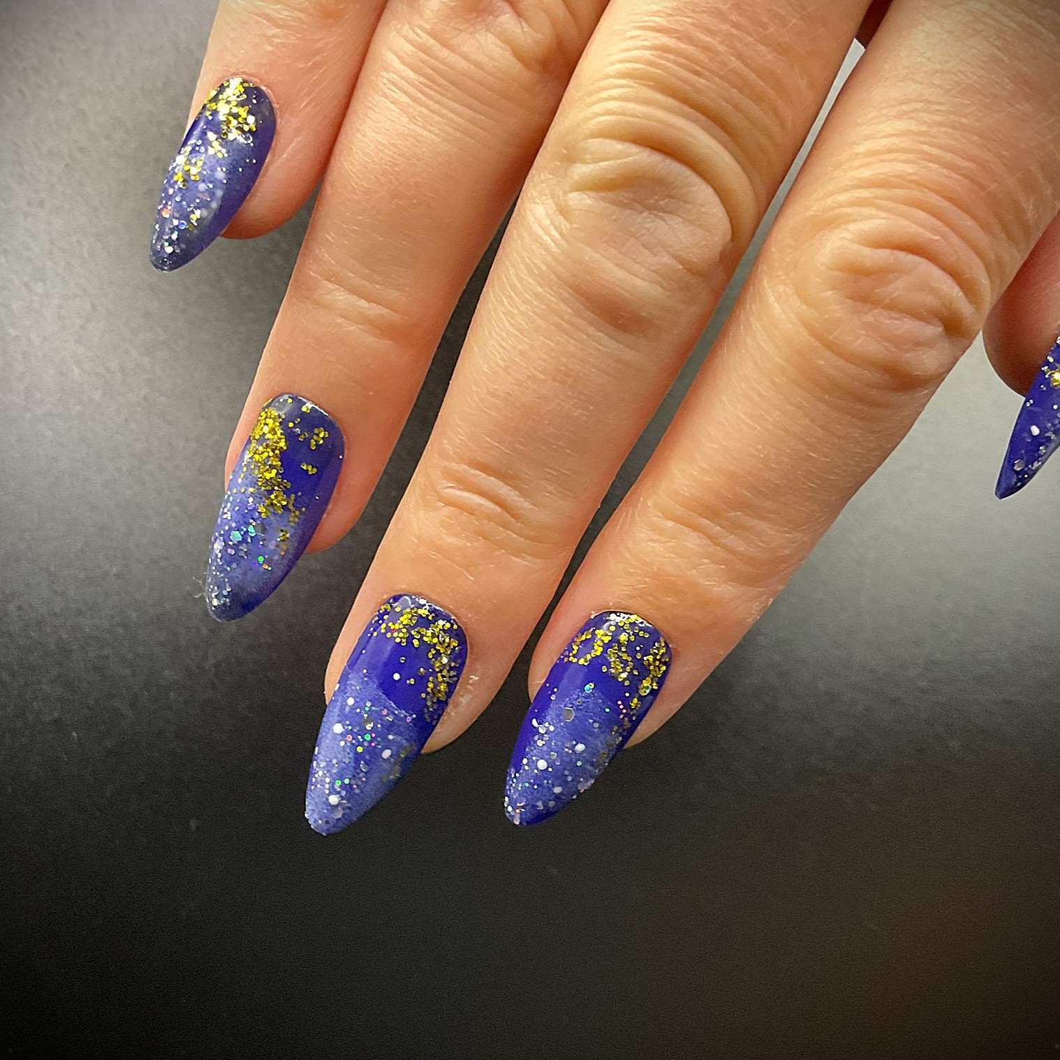Blue and Gold Glitter - Almond Medium