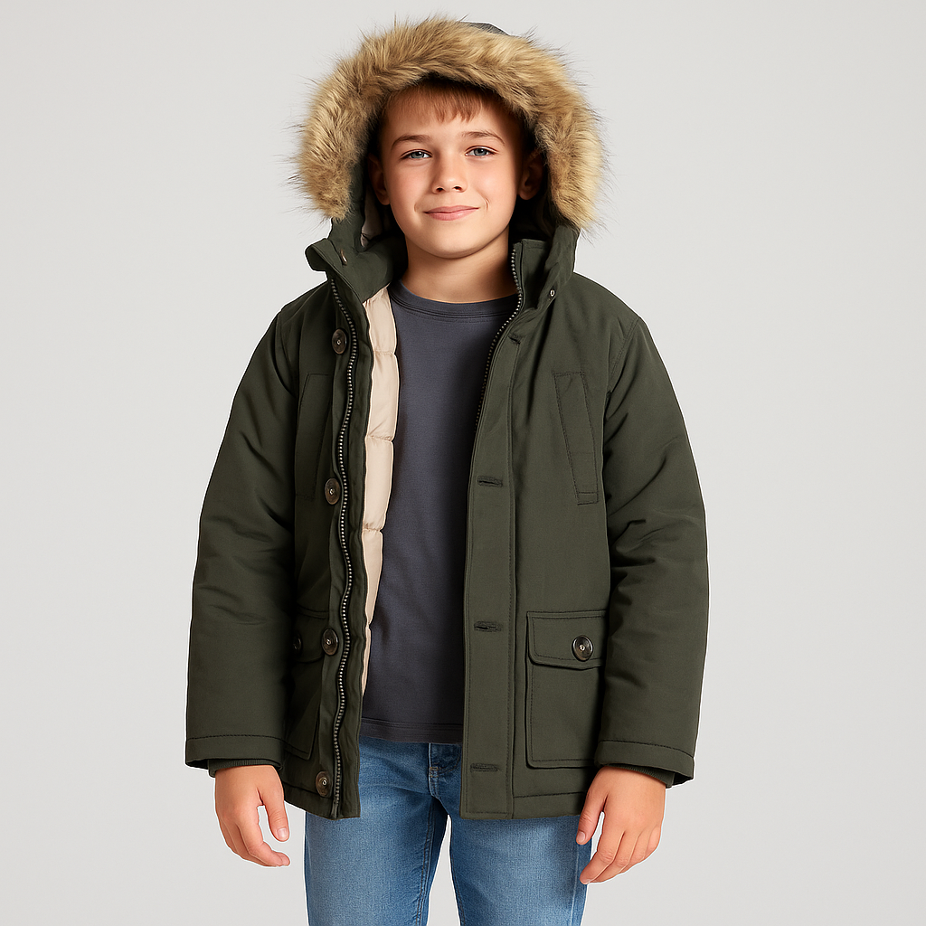 Giacca Invernale Bambino con Cappuccio Pelliccia – Verde Oliva | Taglia 12 Anni