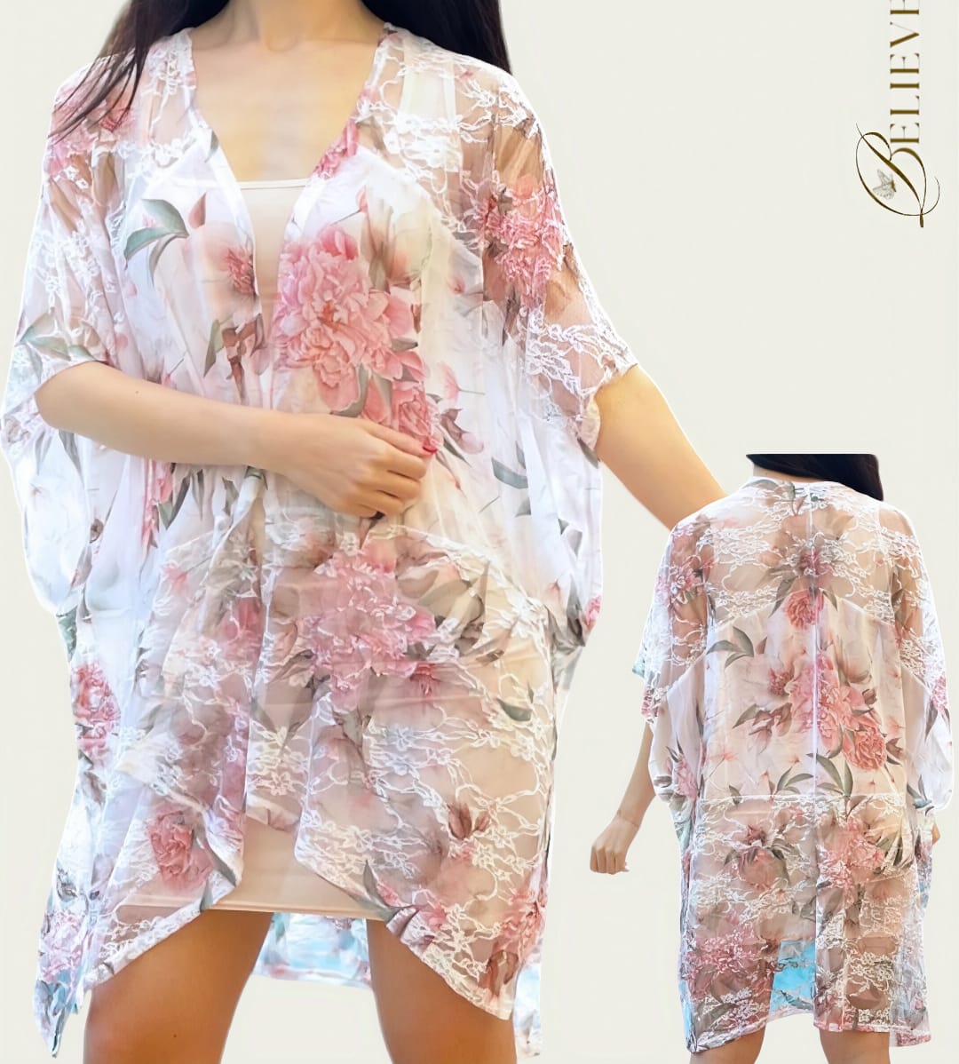 Kimono floral transparente 