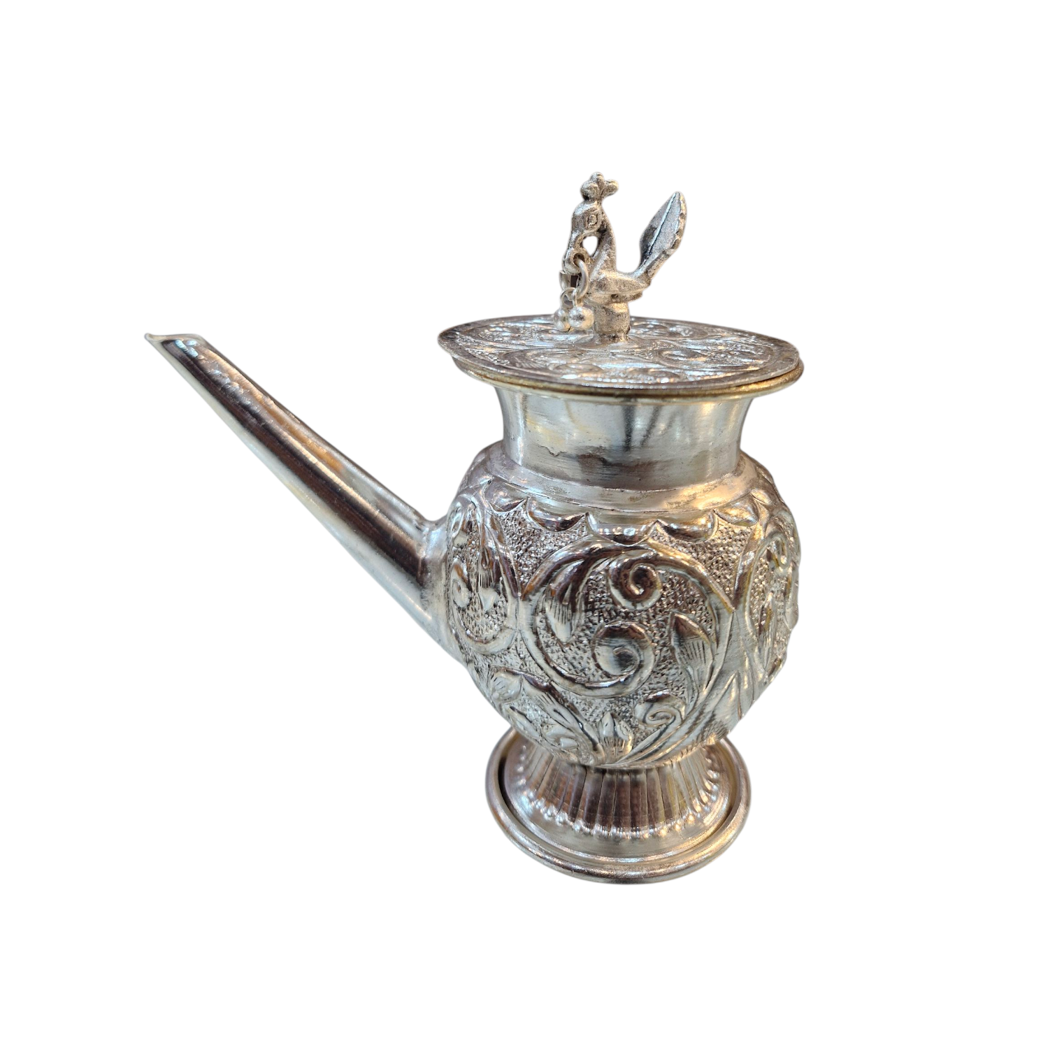 Silver Finish Abhishek Pot ( Jhaari ) (with lid) with Ornate Embossing