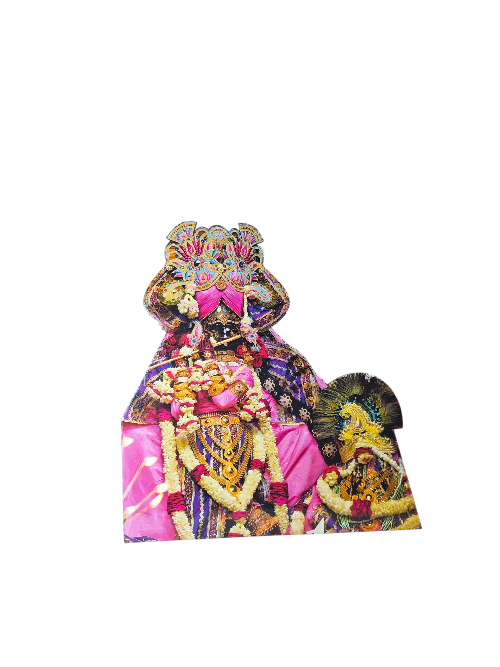 श्री द्वारकाधीश जी – रजत अंग वस्त्र एवं पुष्प माला टेबलटॉप (Shri Dwarkadhish Ji – Pink Attire & Garland Tabletop Standee)