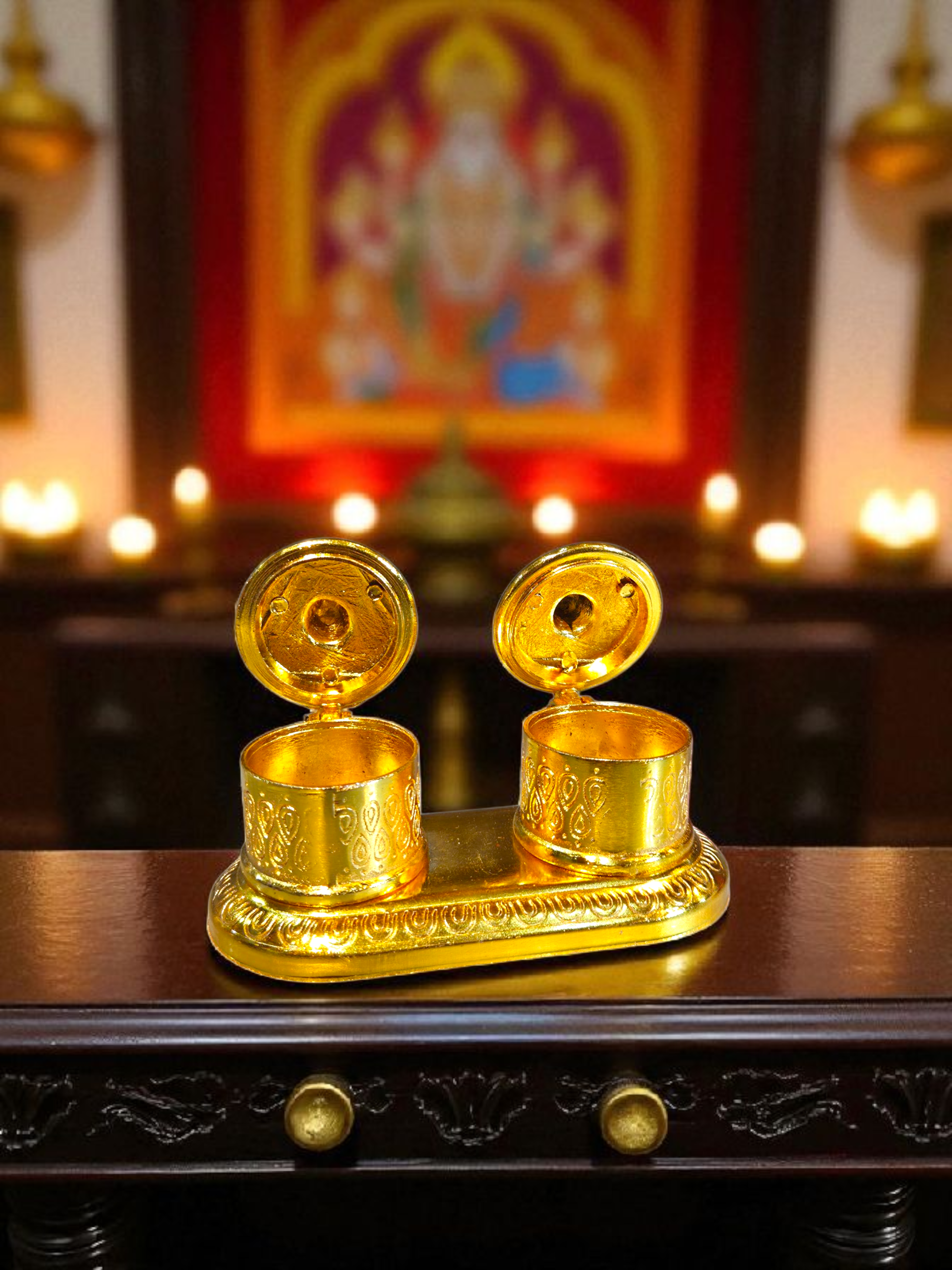 Miniature Golden Twin Sindoor Box — Engraved Lid Design