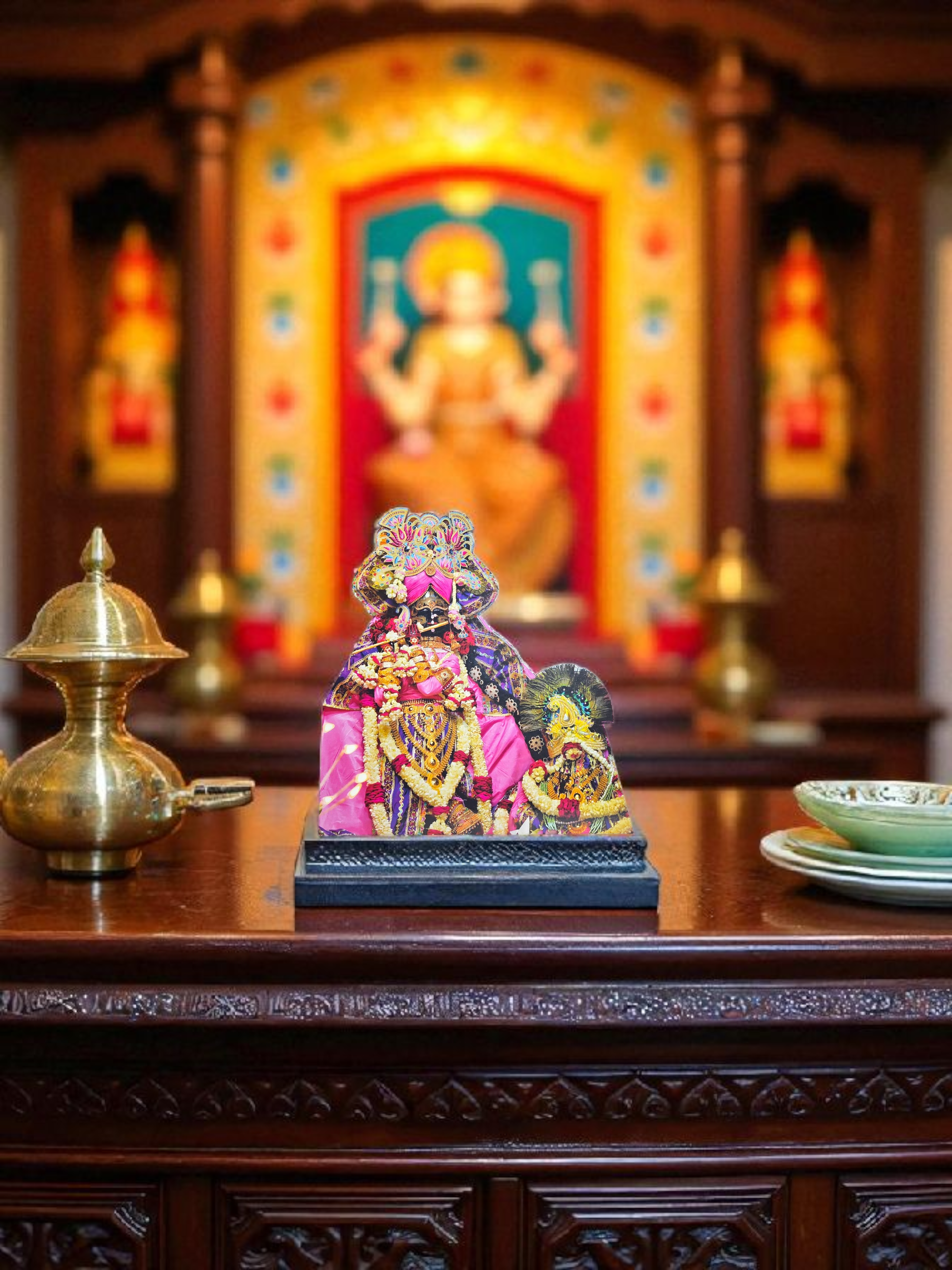 श्री द्वारकाधीश जी – रजत अंग वस्त्र एवं पुष्प माला टेबलटॉप (Shri Dwarkadhish Ji – Pink Attire & Garland Tabletop Standee)