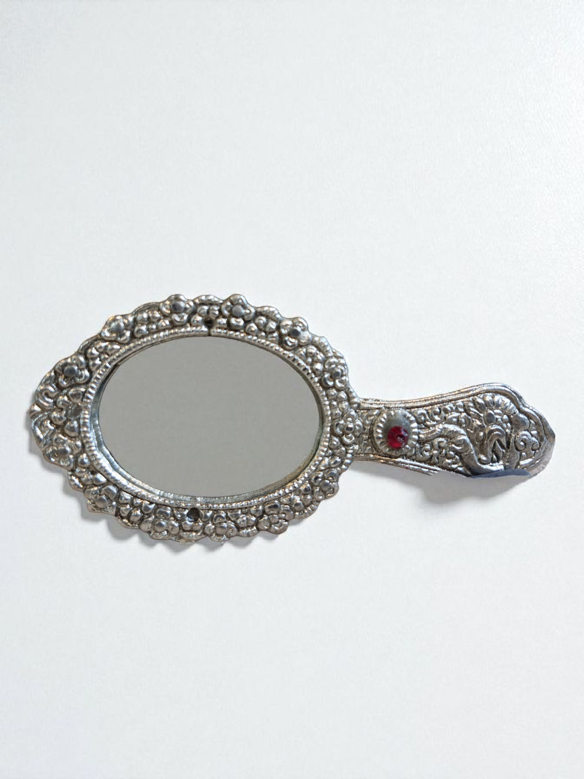 Ornate Vintage Hand Mirror with Red Jewel (Metal) 