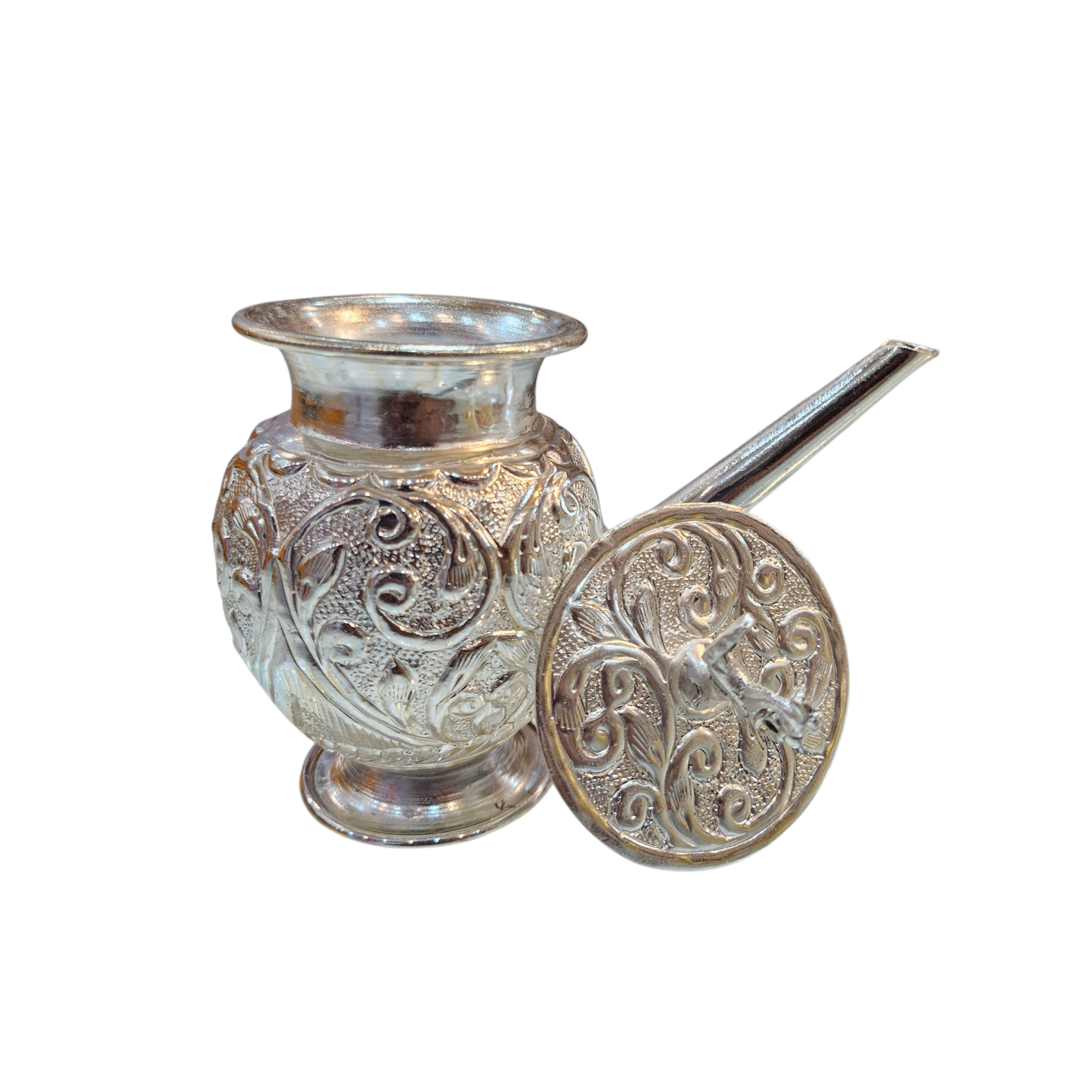 Silver Finish Abhishek Pot ( Jhaari ) (with lid) with Ornate Embossing