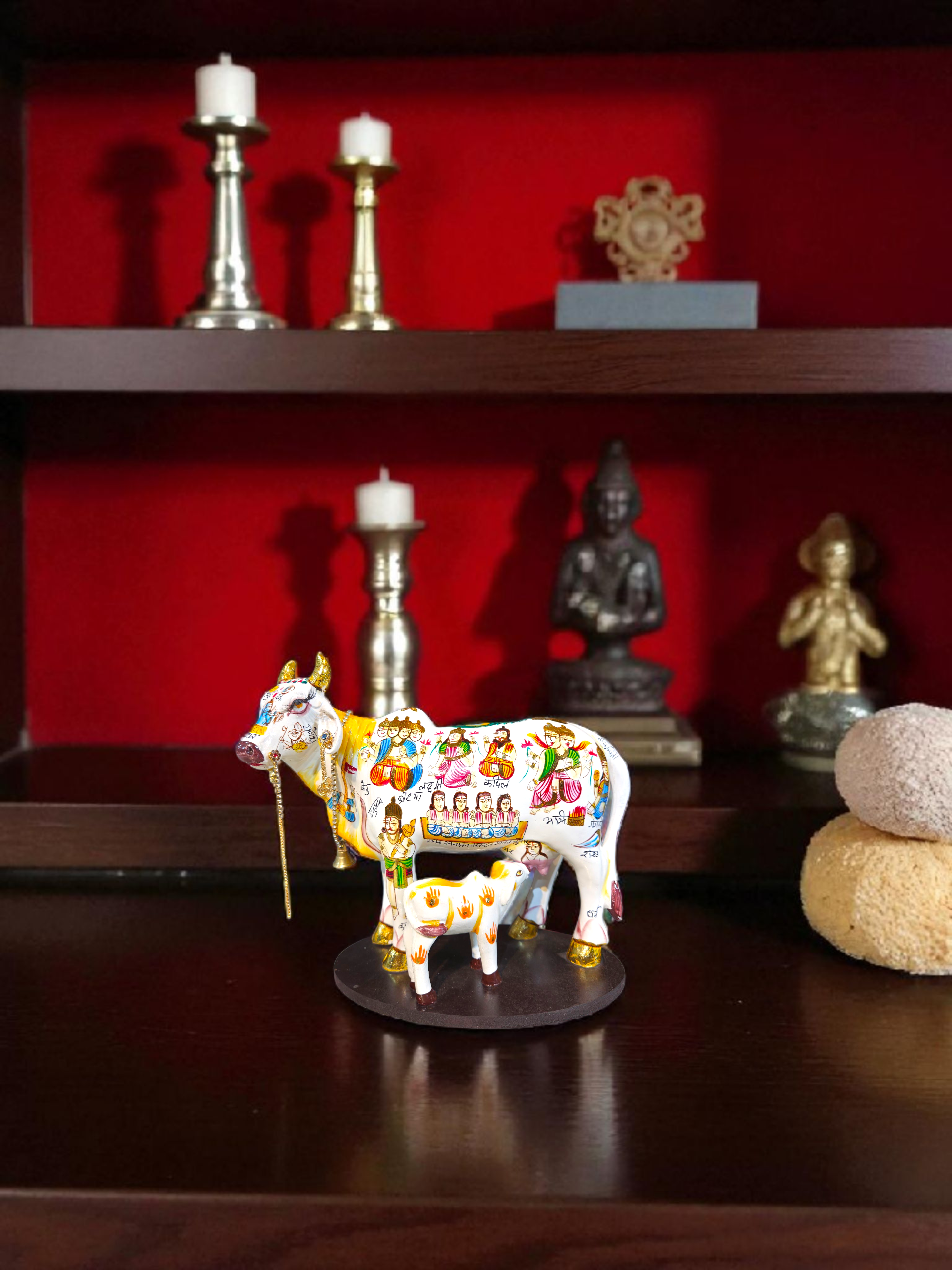 Hand-Painted Kamadhenu with Calf — Symbol of Abundance