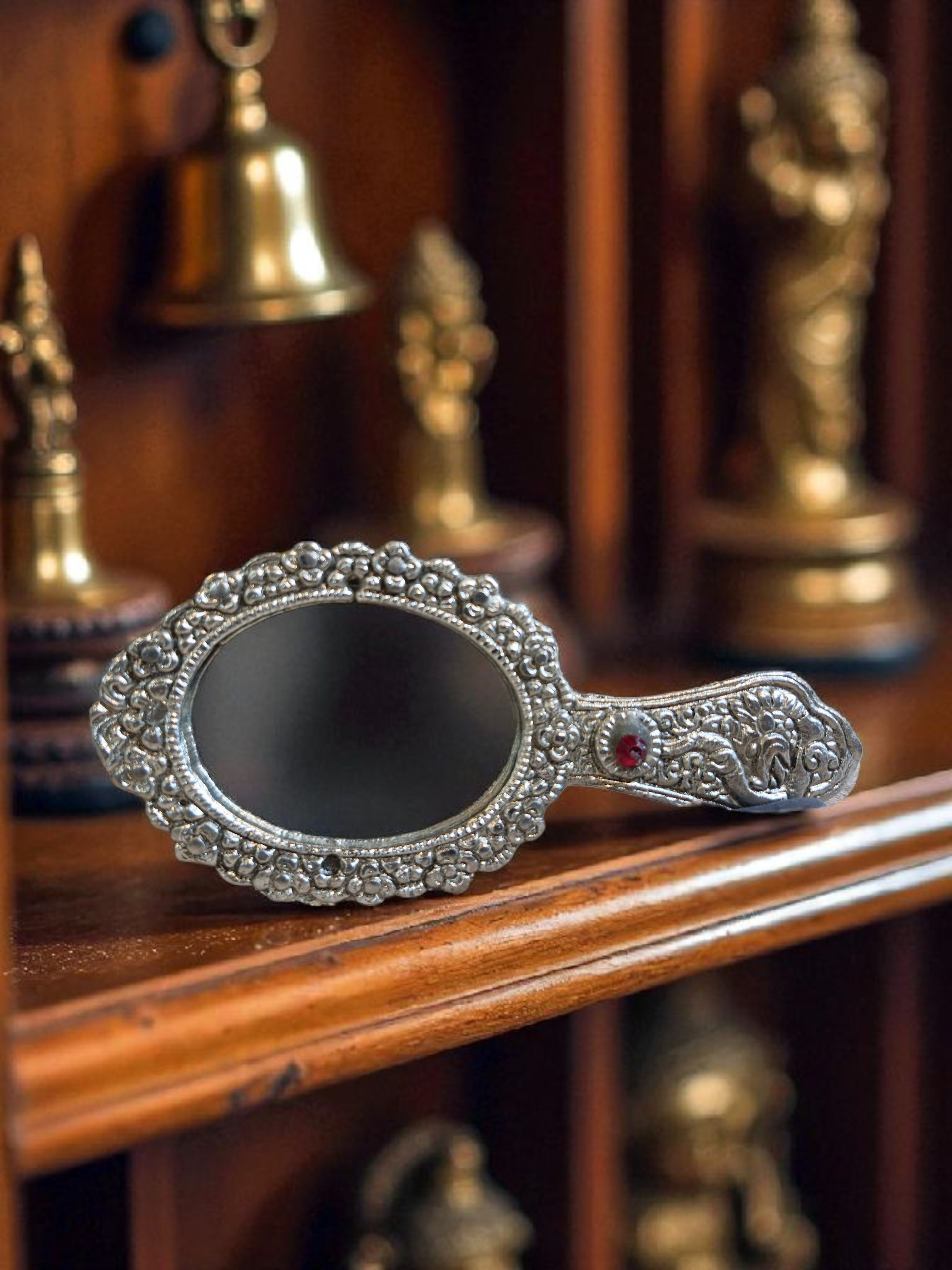 Ornate Vintage Hand Mirror with Red Jewel (Metal) 