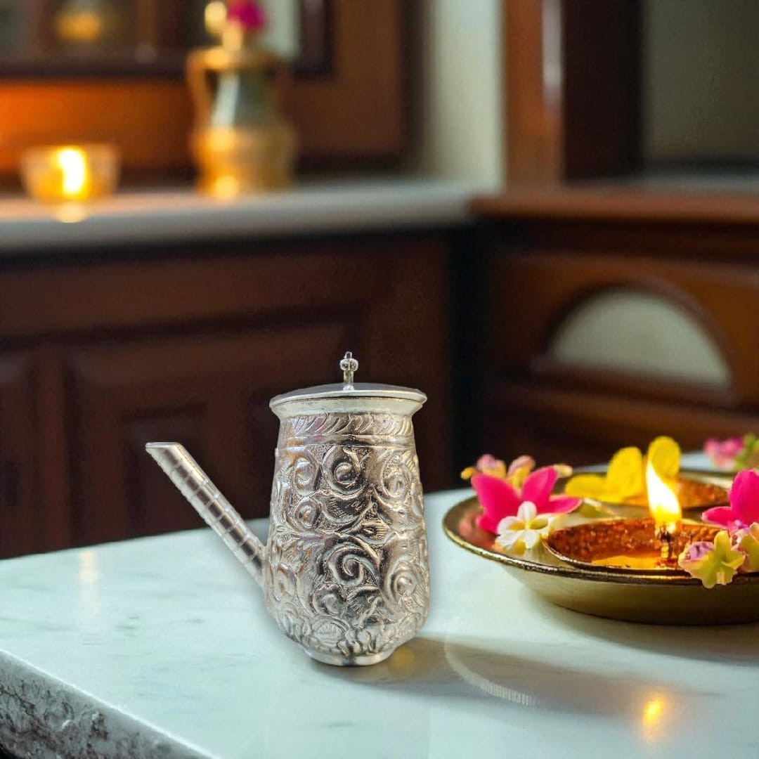 Silver Finish Abhishek Pot (Jhaari) (without lid) – Embossed Floral Design