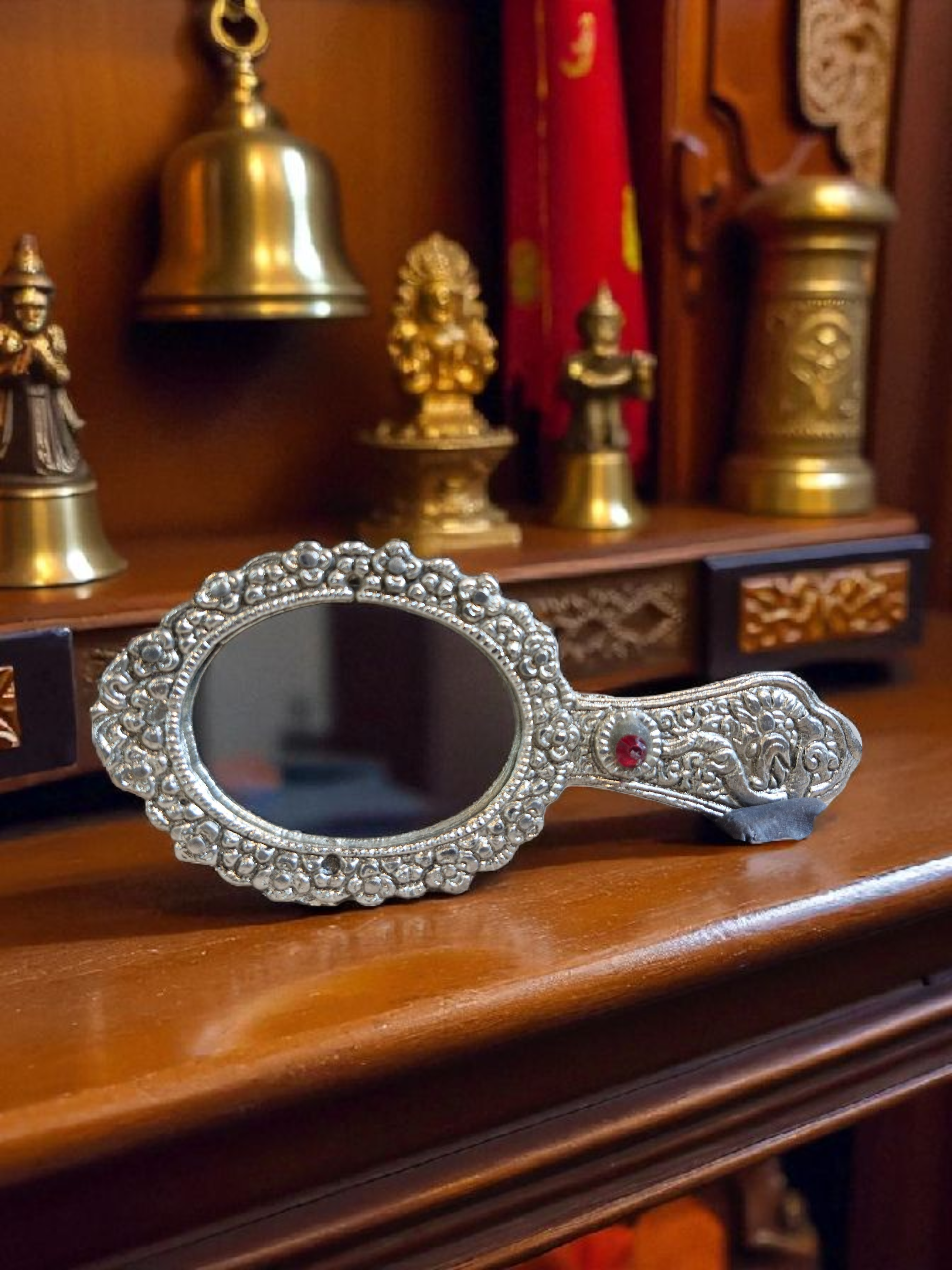 Ornate Vintage Hand Mirror with Red Jewel (Metal) 