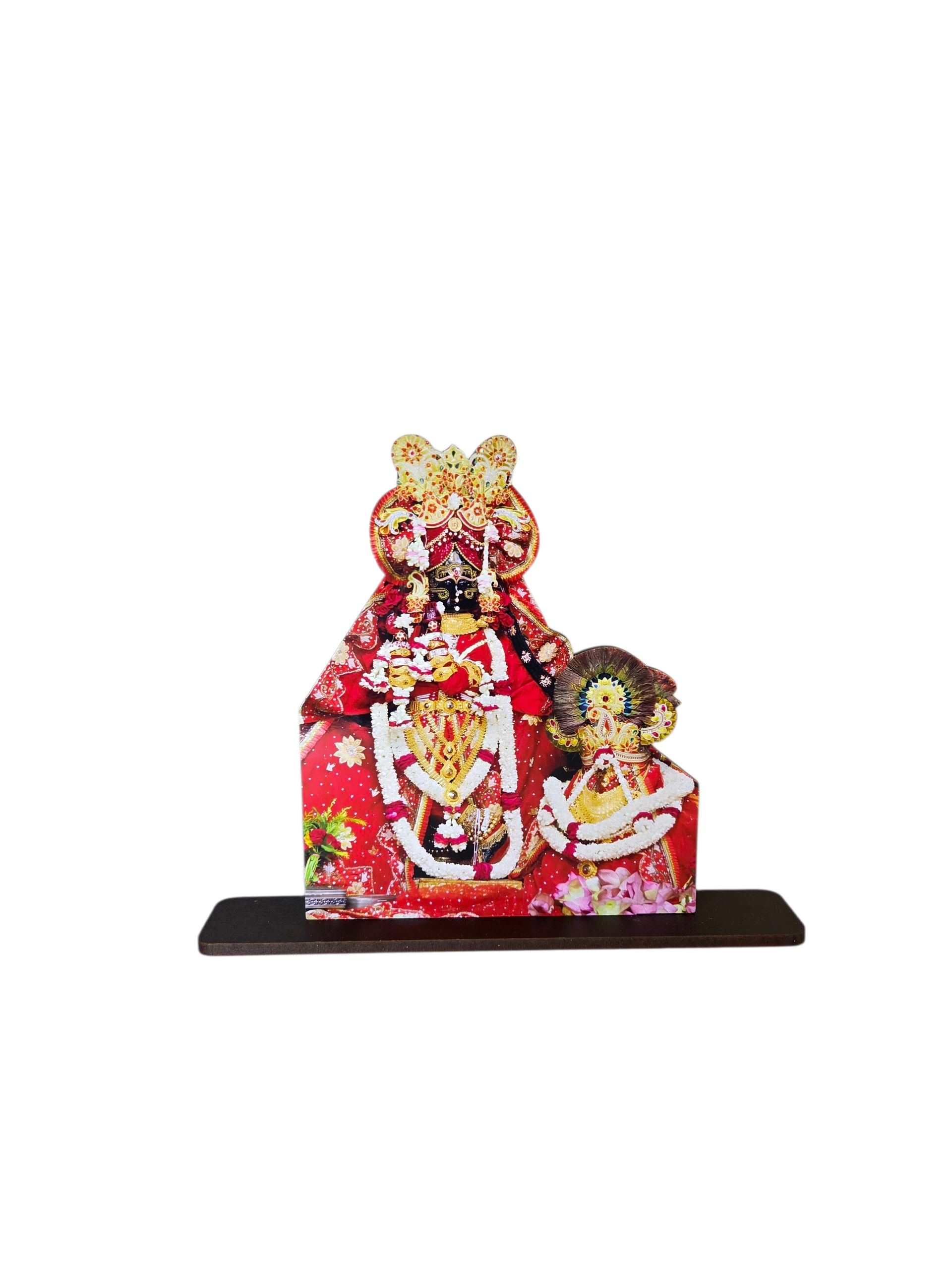 श्री द्वारकाधीश जी – लाल अंग वस्त्र एवं पुष्प माला टेबलटॉप (Shri Dwarkadhish Ji – Red Attire & Garland Tabletop Standee)