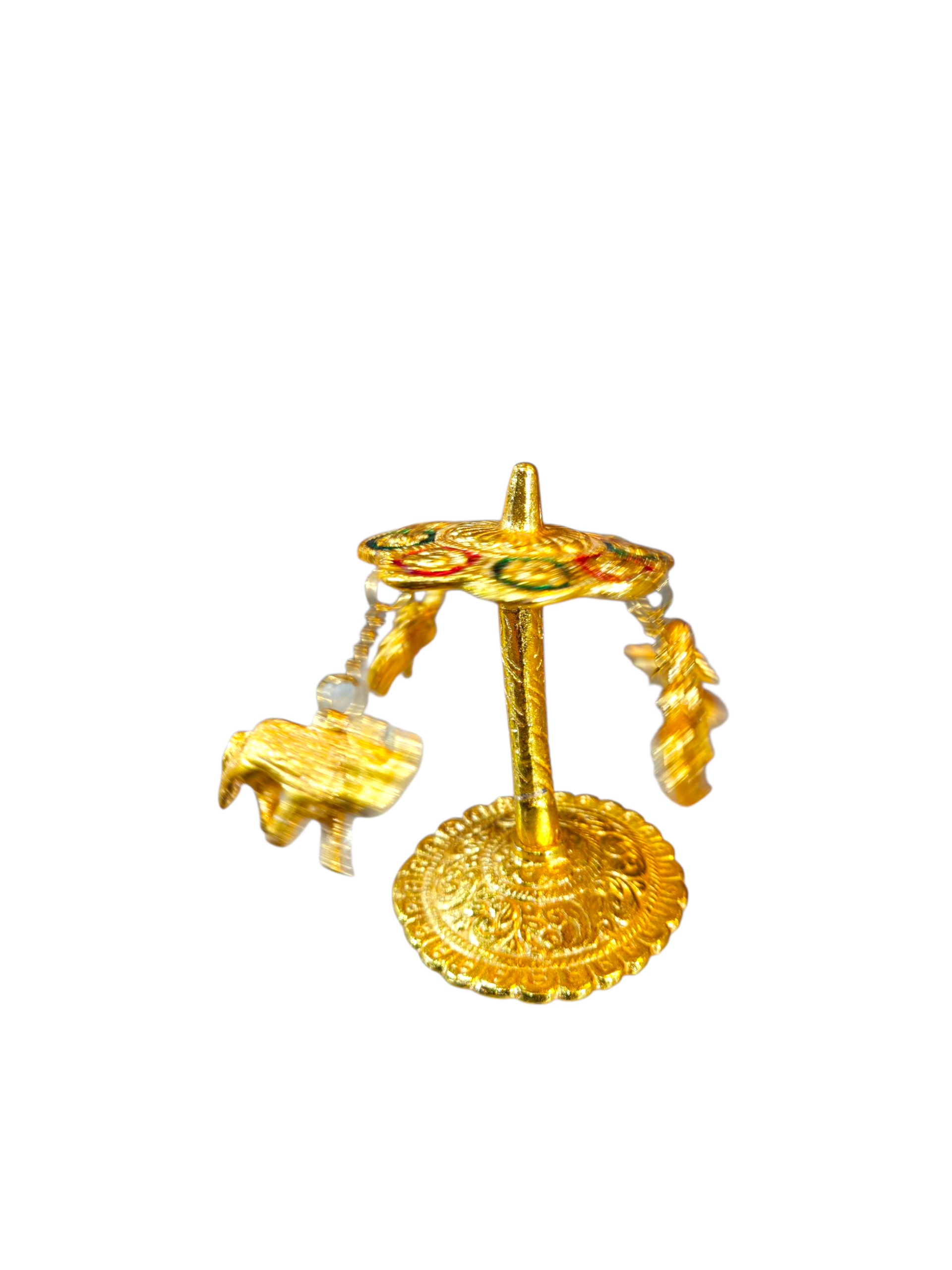 Miniature Golden Finish Hanging Figurine — Elephant & Peacock ( Chak Dol )