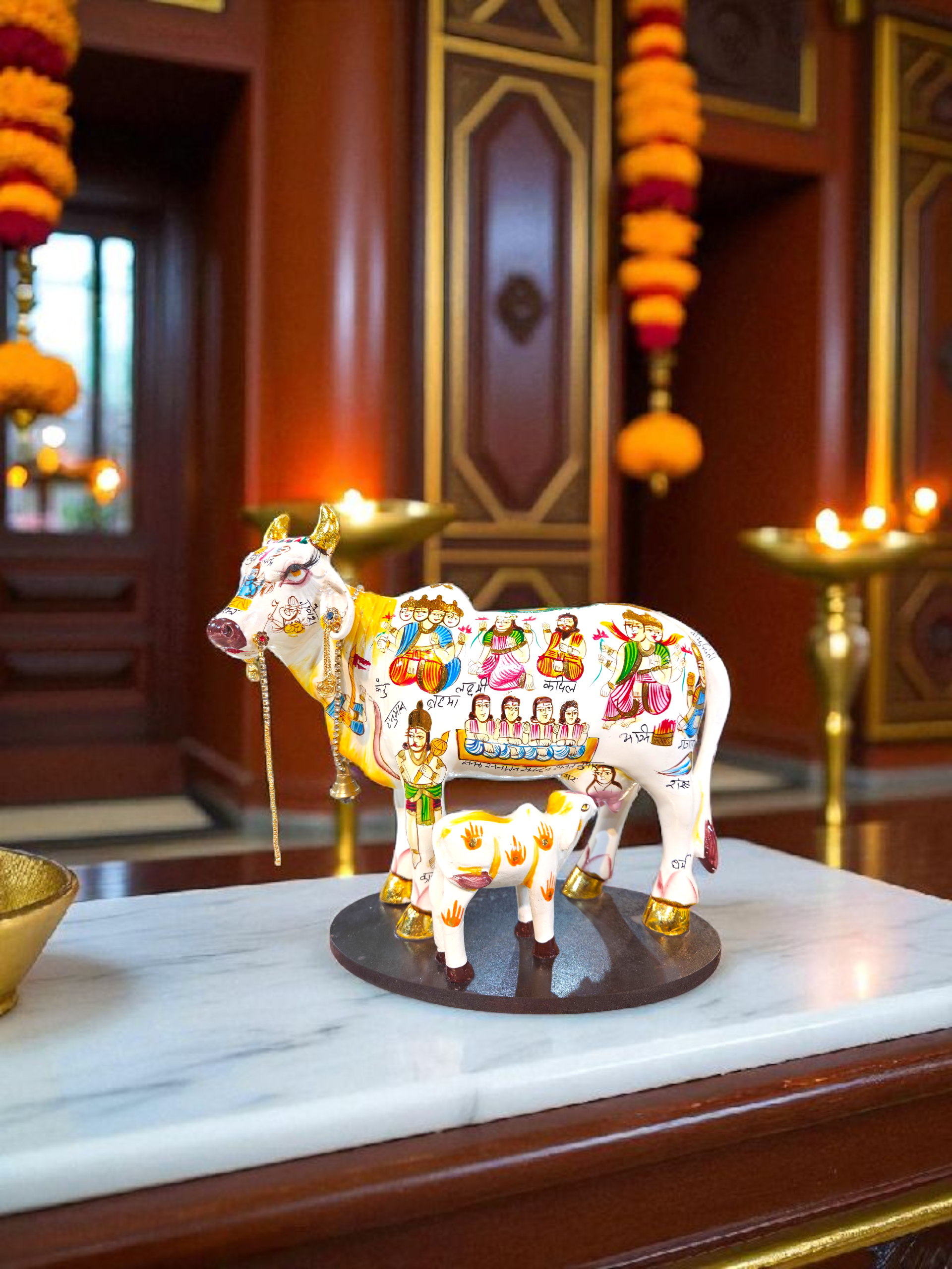 Hand-Painted Kamadhenu with Calf — Symbol of Abundance