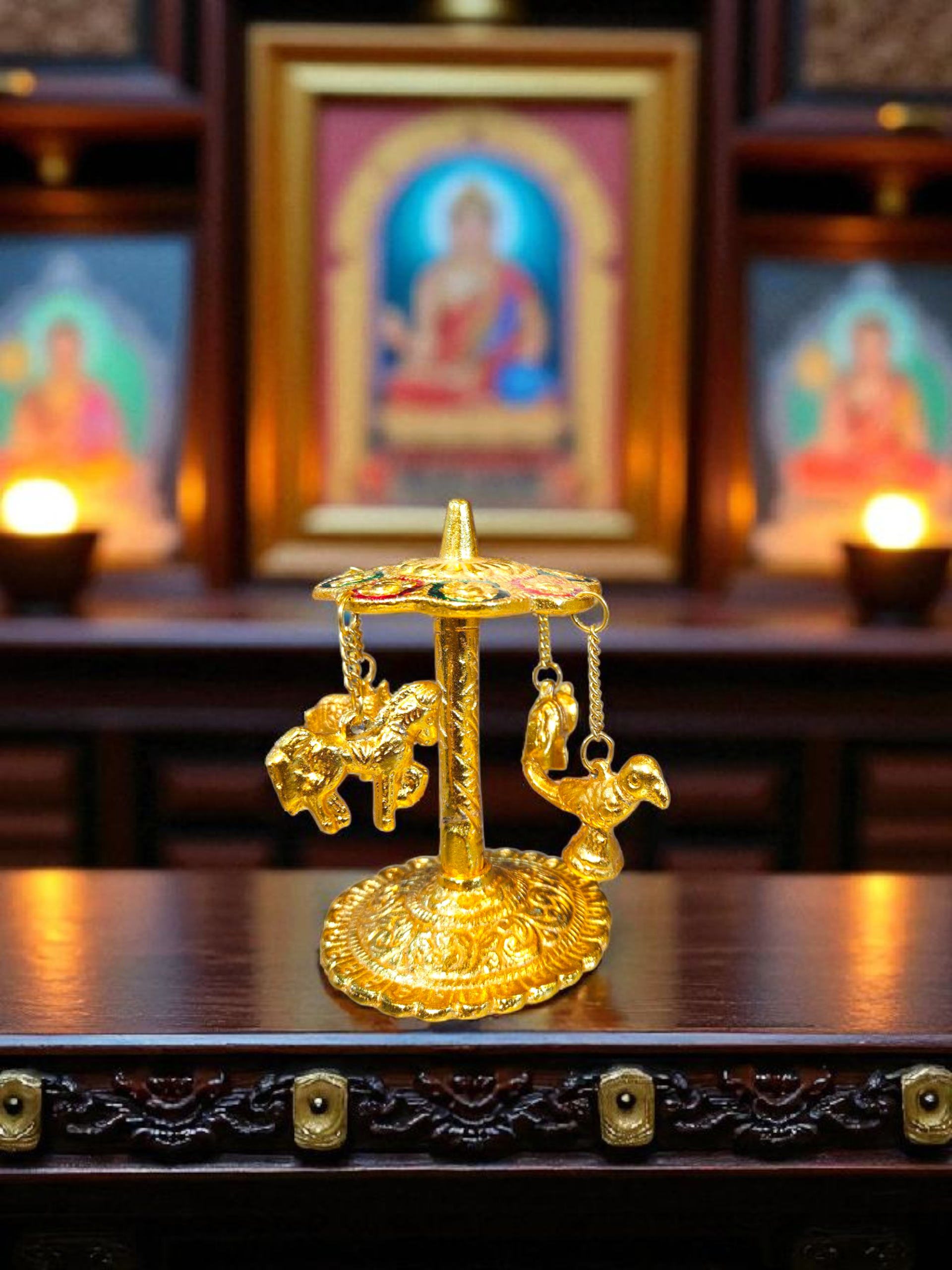 Miniature Golden Finish Hanging Figurine — Elephant & Peacock ( Chak Dol )