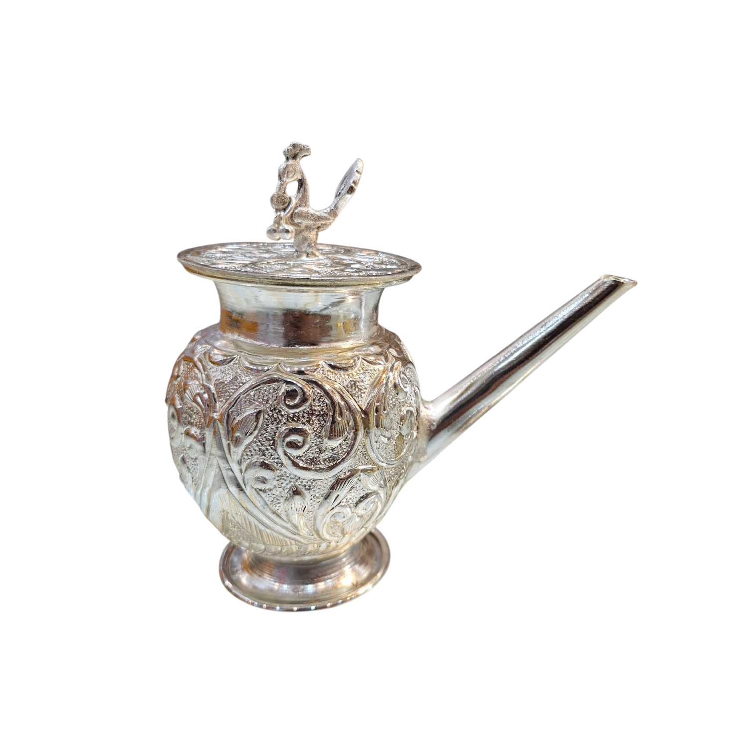 Silver Finish Abhishek Pot ( Jhaari ) (with lid) with Ornate Embossing