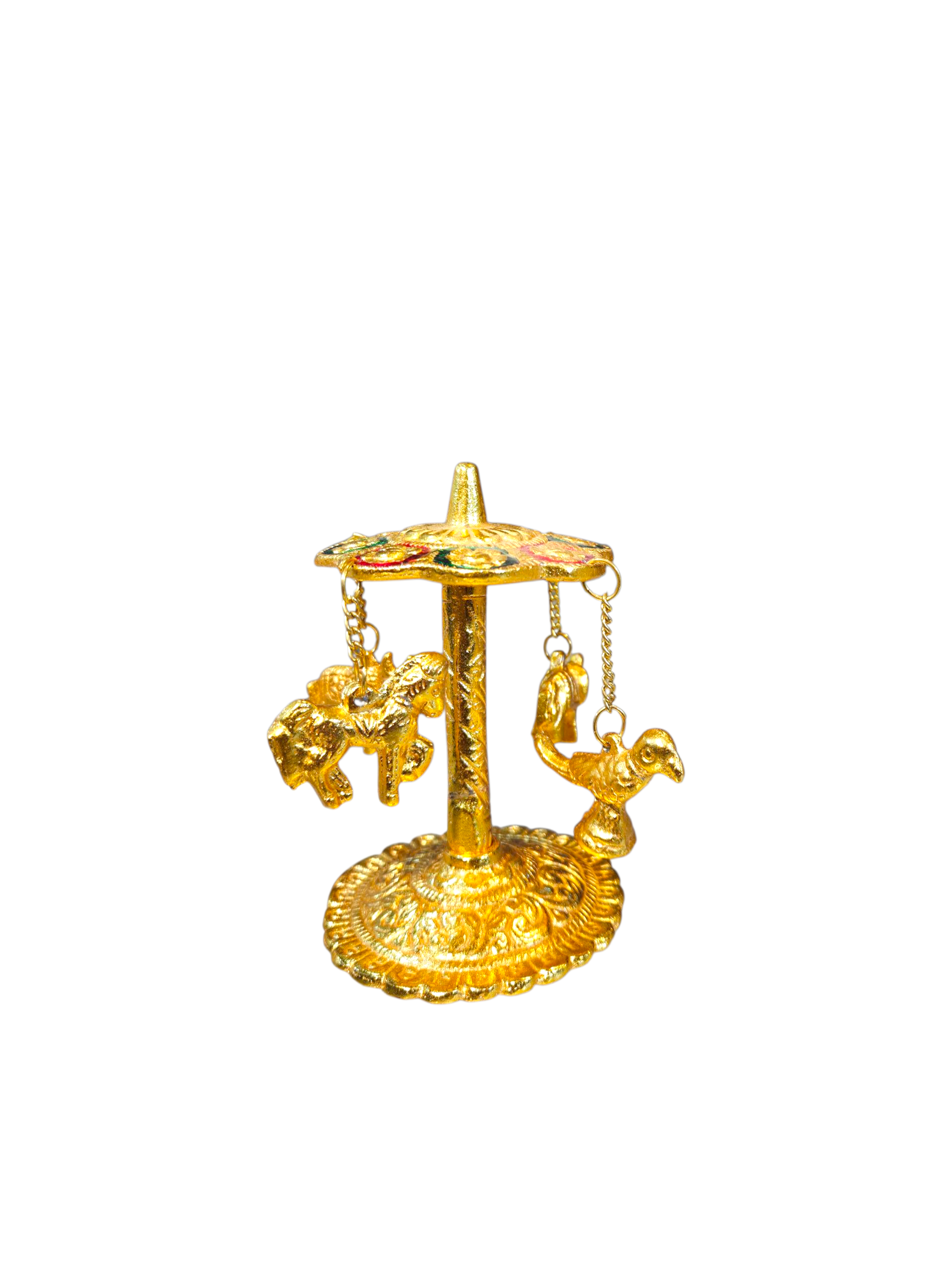 Miniature Golden Finish Hanging Figurine — Elephant & Peacock ( Chak Dol )