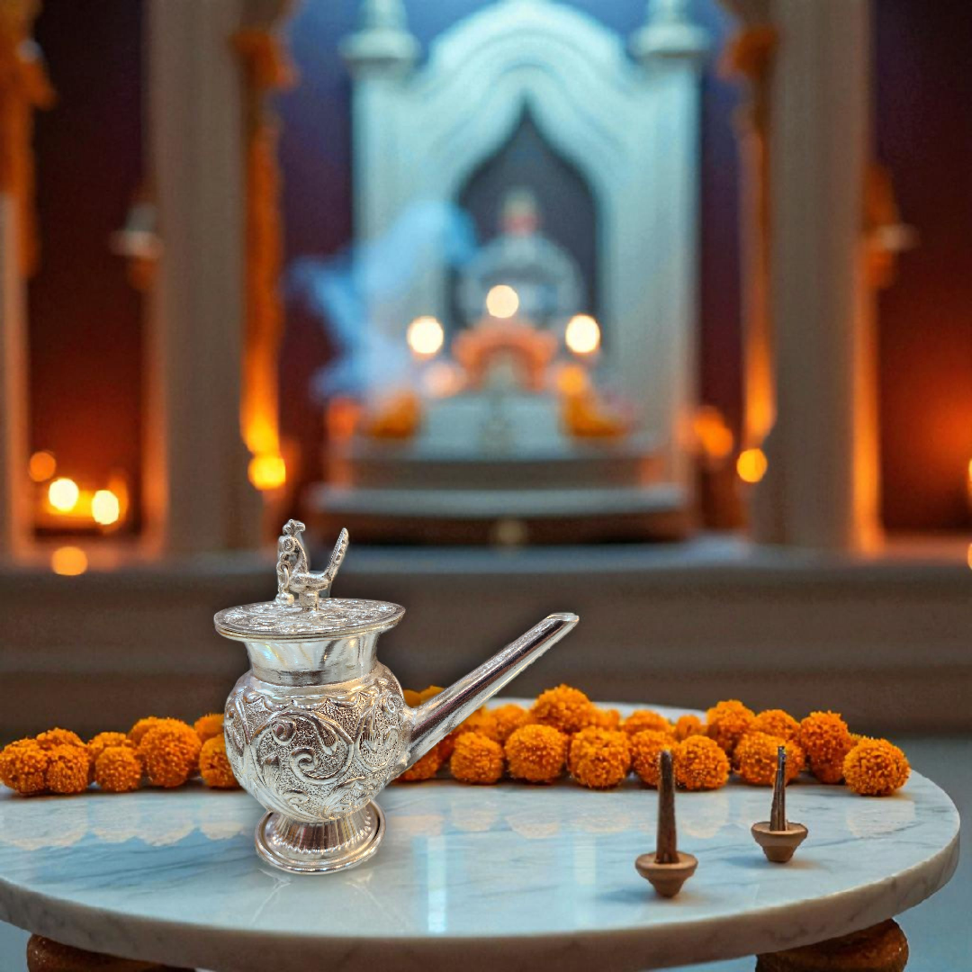 Silver Finish Abhishek Pot ( Jhaari ) (with lid) with Ornate Embossing