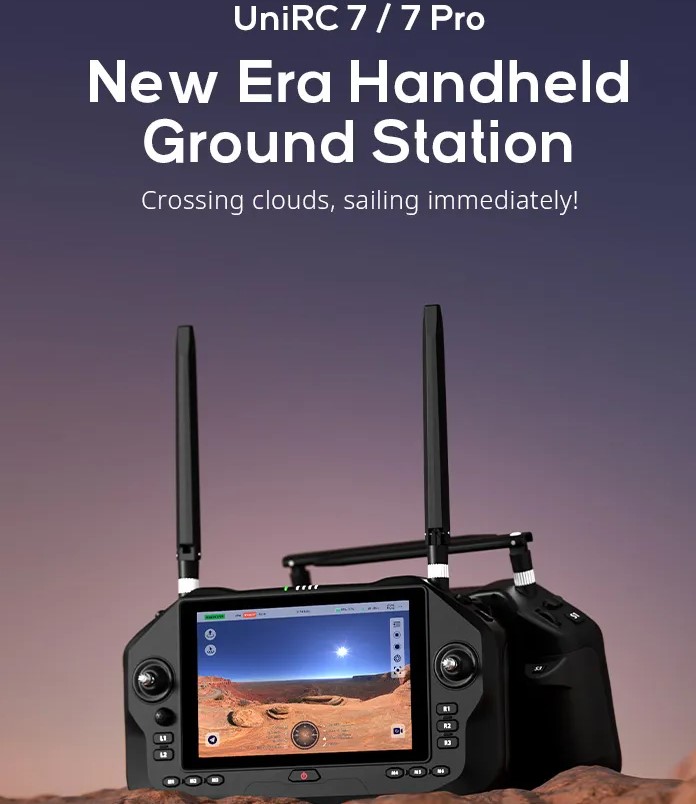 UniRC 7 / 7 Pro Dual Frequency 2.4 & 5 GHz Handheld Ground Station 40 KM Range Smart Controller with 7-Inch 1080P High Brightness Touchscreen 4K Digital Image Transmission 4G RAM 64G ROM Android 13 OS AES Encryption for UAV UGV USV Robotics