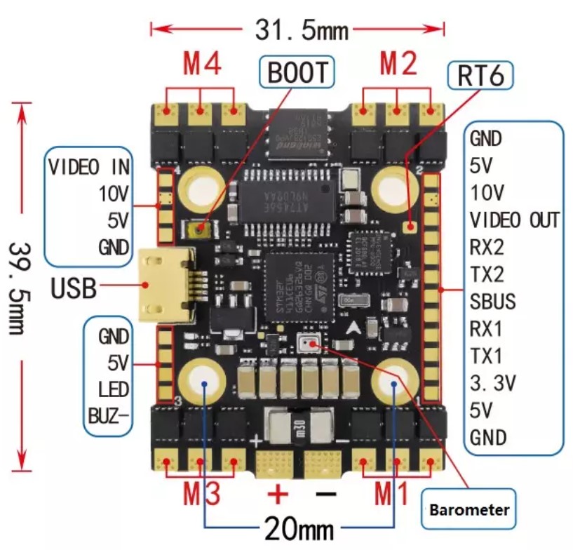 F411 35A 3-6S AIO Integrated Board 20x20 FPV Drone Dual BEC Black Box Racing Drone
