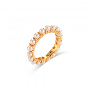 Anillo Acero Mineral Símil Perla T14 Color Oro