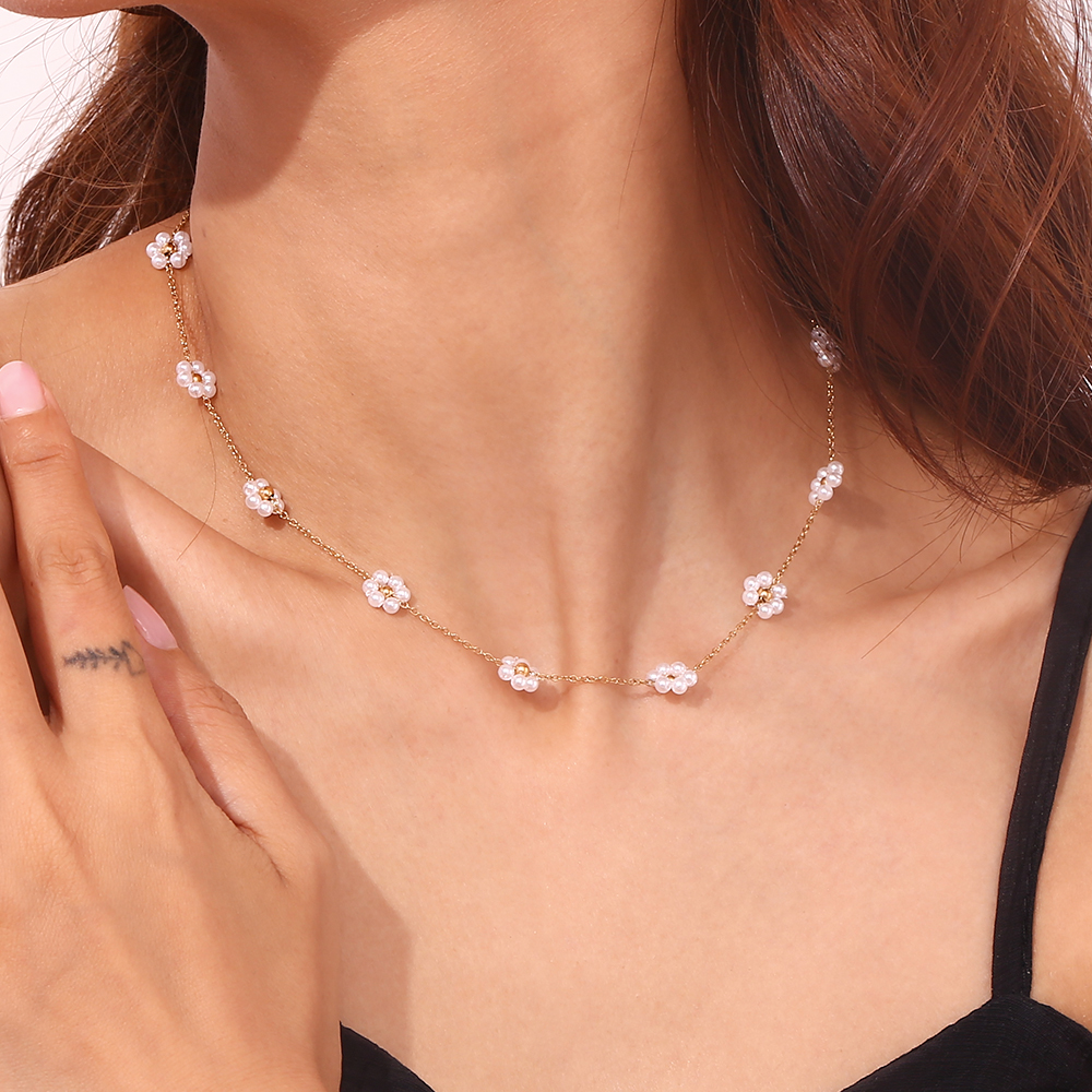 Collar Acero Flor Flor Perla 36+5 cm Color Oro