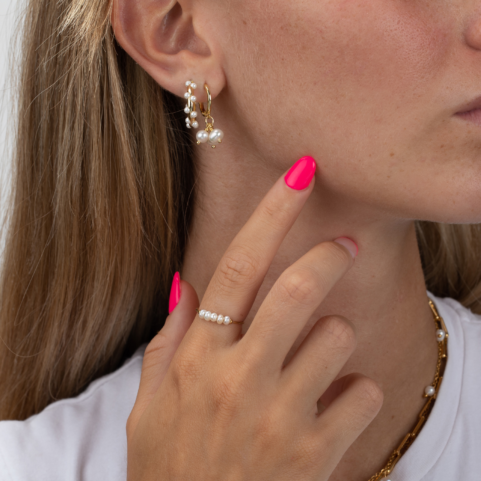 Anillo Acero Mineral Perla 3,5mm T14 Bañado Oro