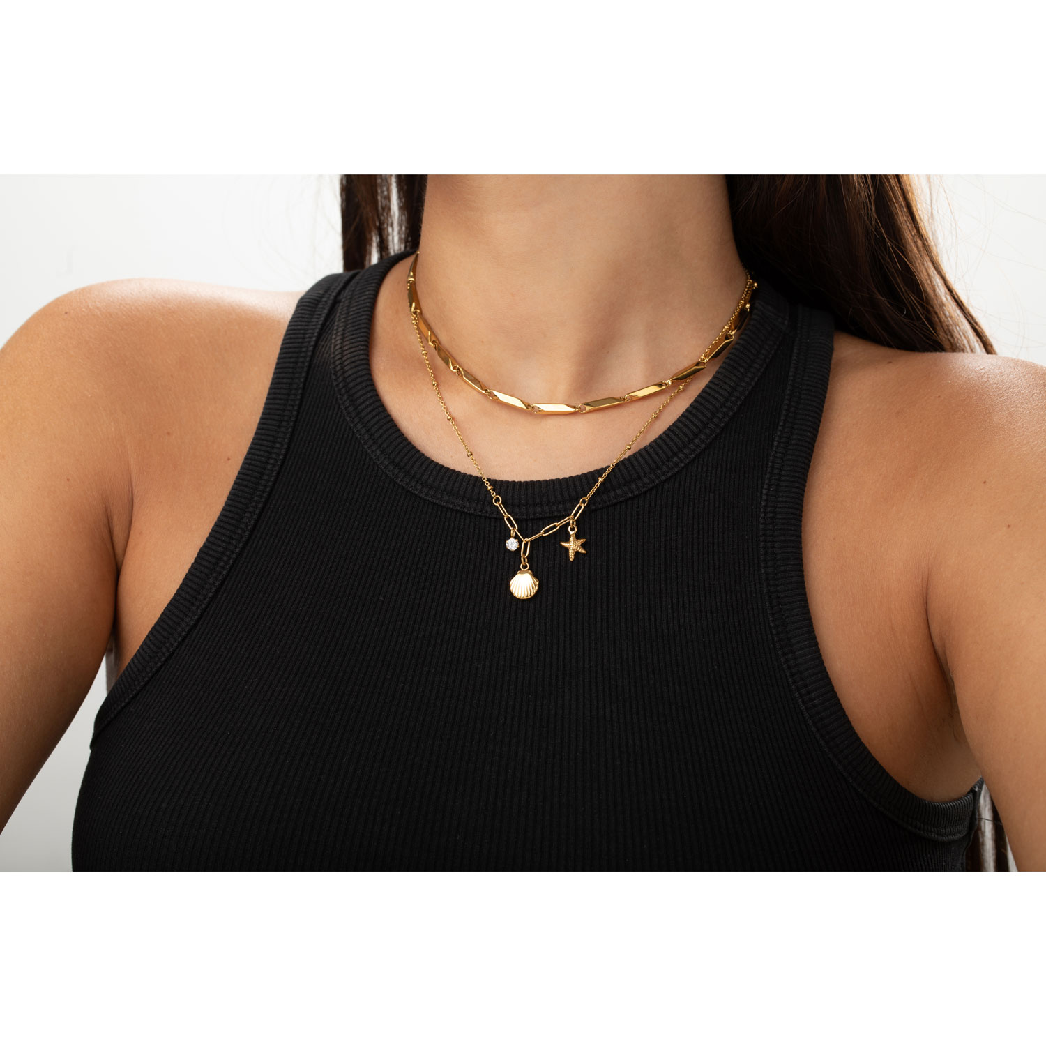 Collar Acero Circonita Estrella y Concha 45+5 cm Color Oro