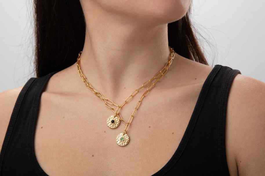 Collar Acero Chapa Martillada Calcedonia 40+6 cm Bañado Oro