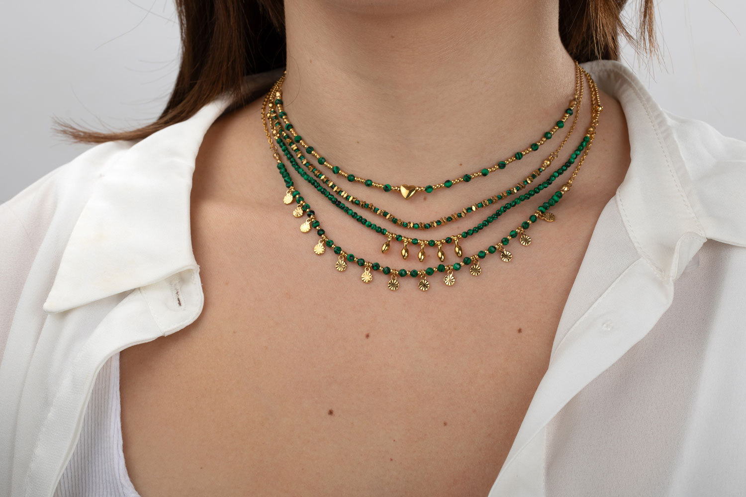 Collar Acero Mineral Nenúfares Malaquita 37+4 cm Color Oro