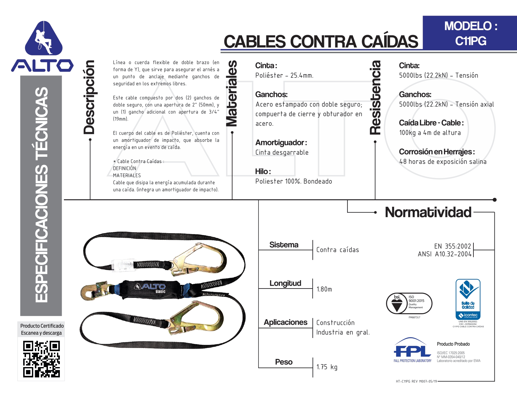 SIX PAC, Línea de vida doble con absorbedor de energía ALTO MODELO C11PG-1.80