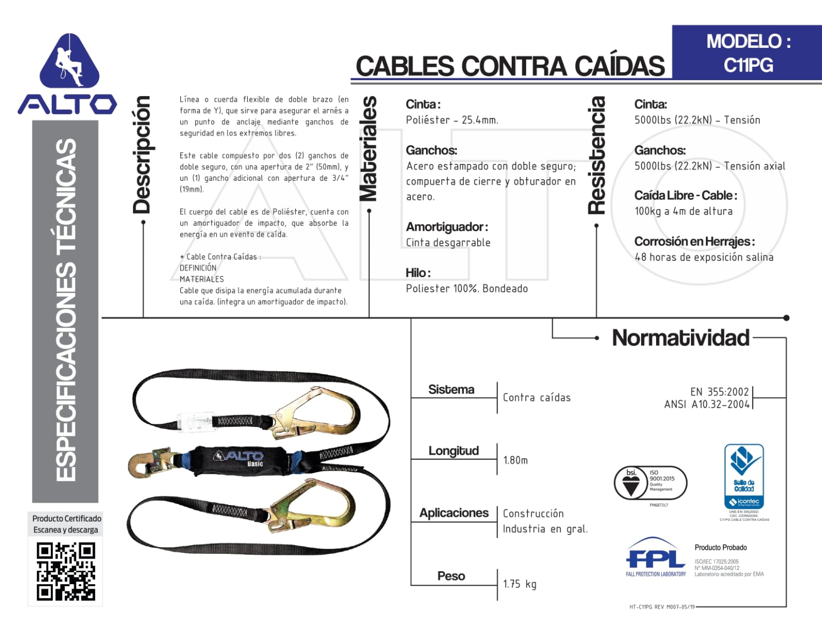 C11PG-180 LINEA DE VIDA DOBLE GANCHO GRANDE