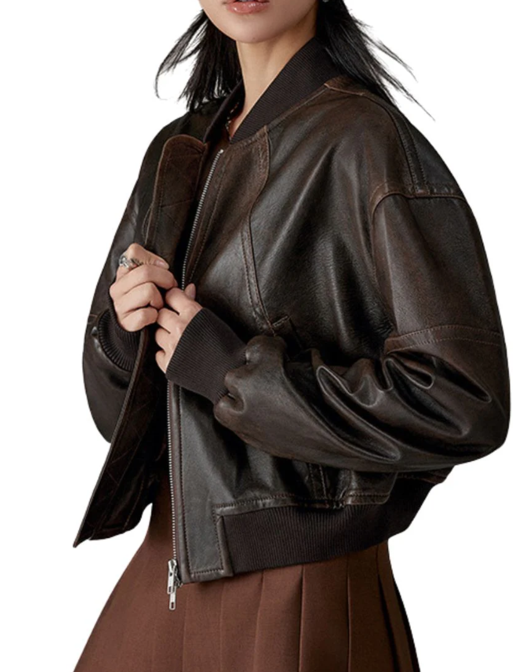 Women's Dark Brown Leather Bomber Jacket | Quilted Panel Wholesale