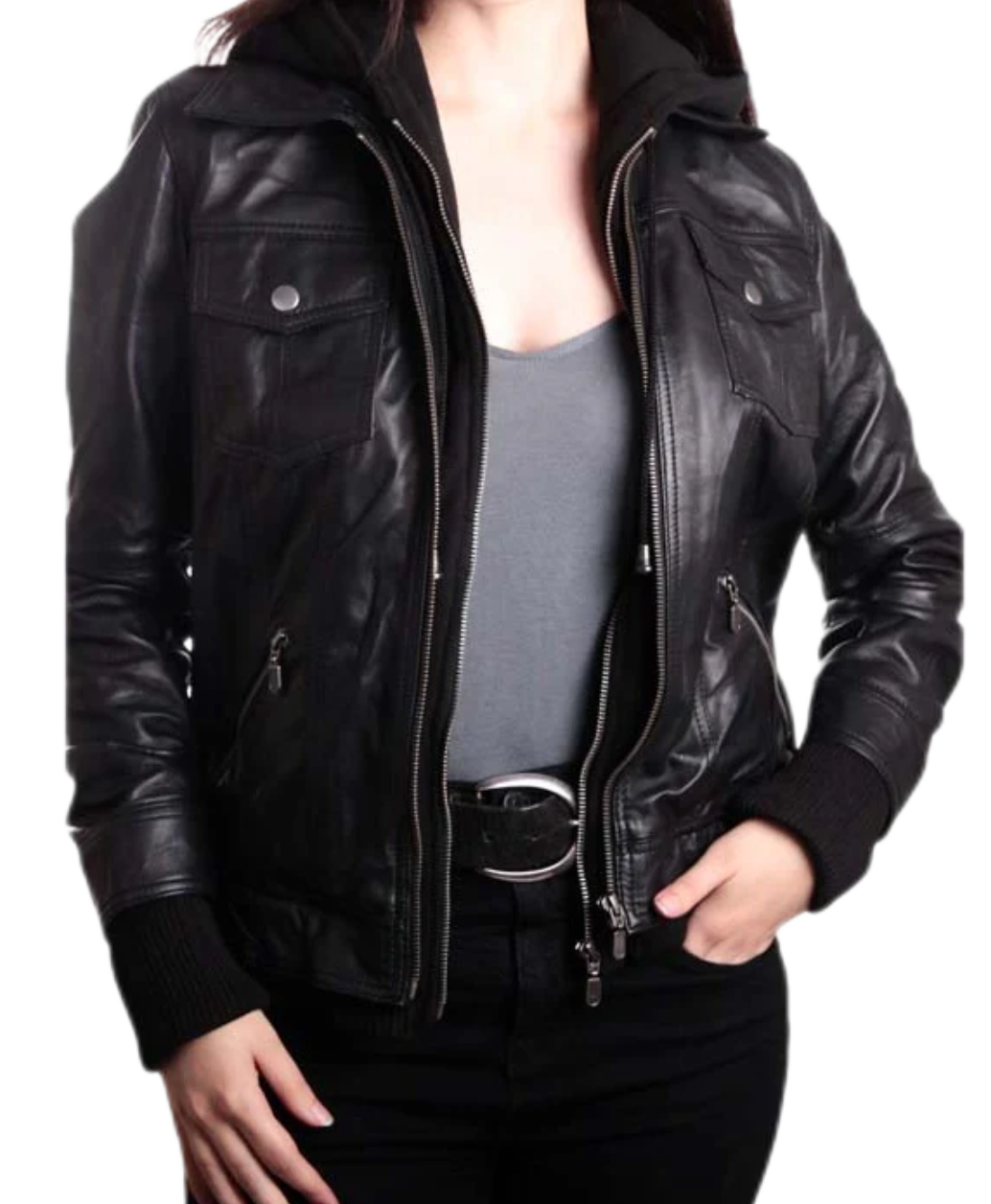 Women’s Black Leather Jacket with Detachable Hoodie