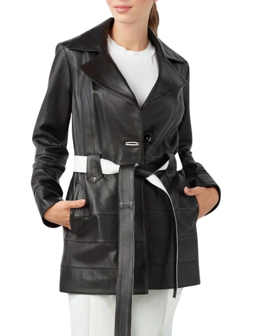 Women’s Black Leather Trench Coat with White Belt
