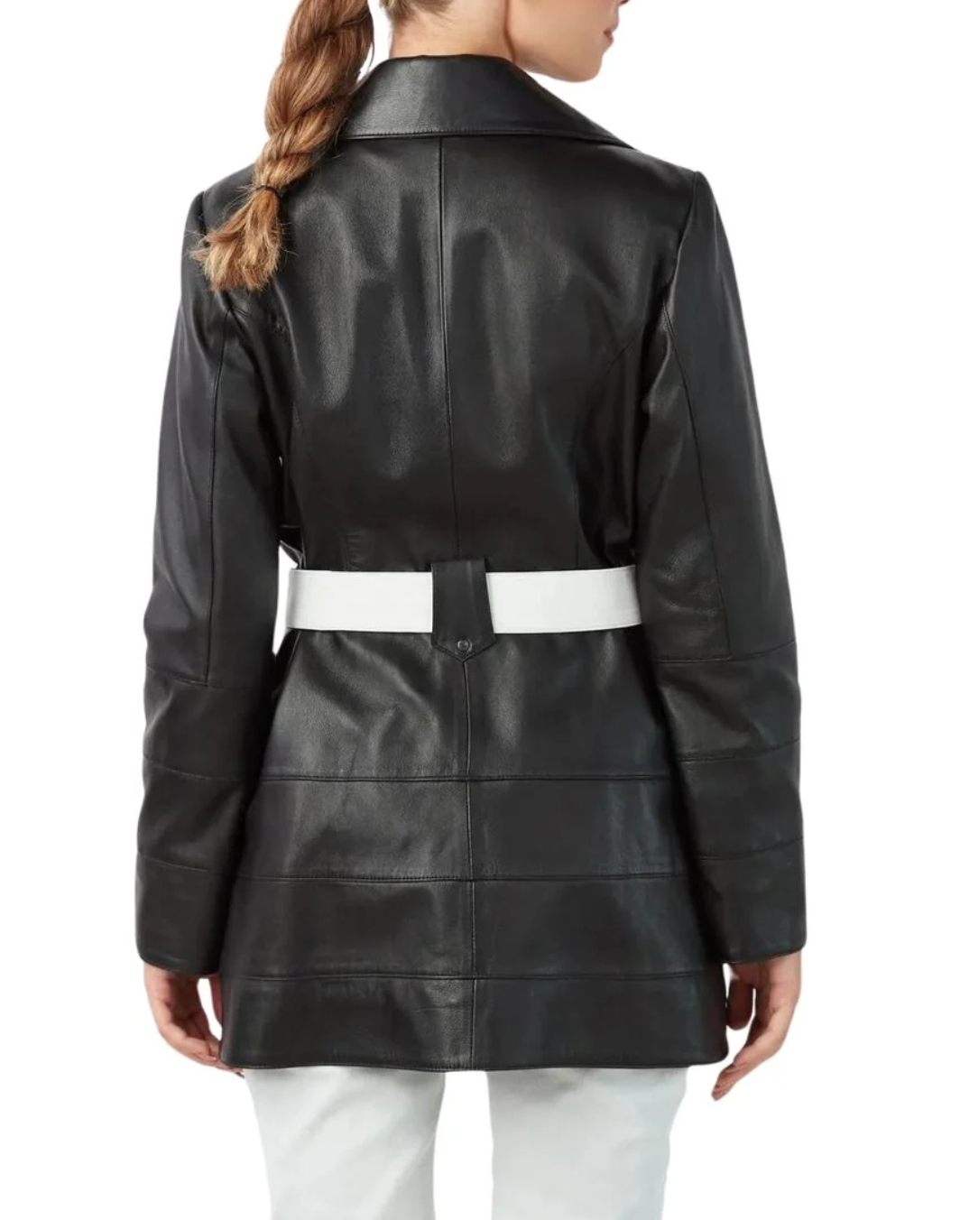 Women’s Black Leather Trench Coat with White Belt