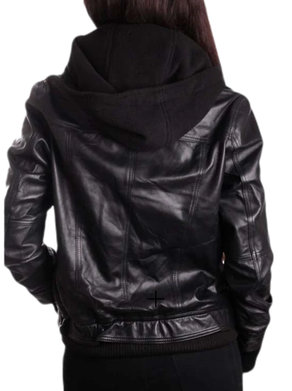 Women’s Black Leather Bomber Jacket with Removable Hoodie