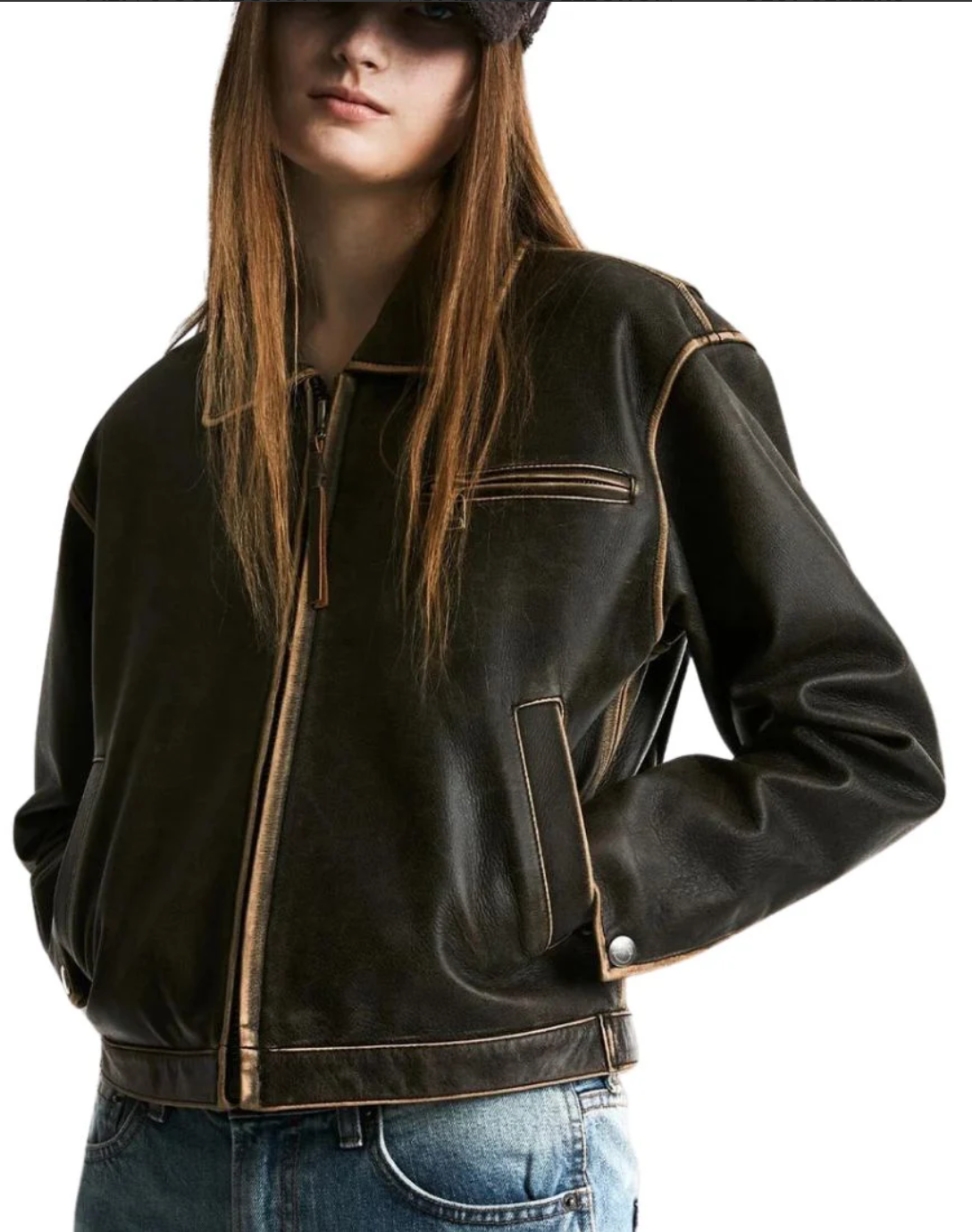 Unisex Distressed Black Leather Jacket with Contrast Edging