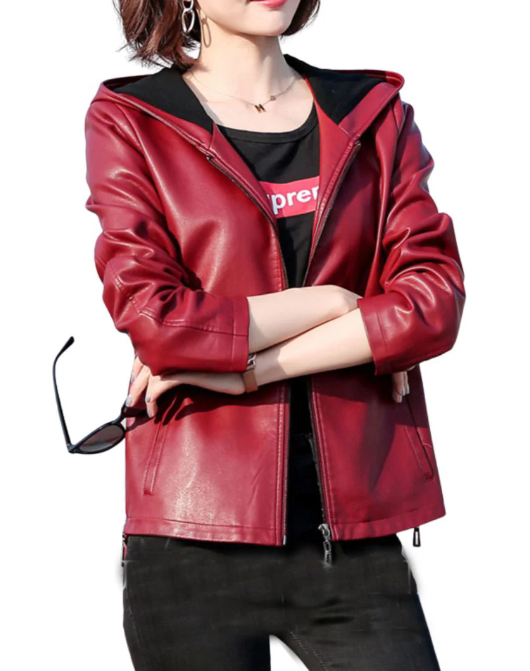 Women's Burgundy Leather Hooded Jacket with Zip Pockets