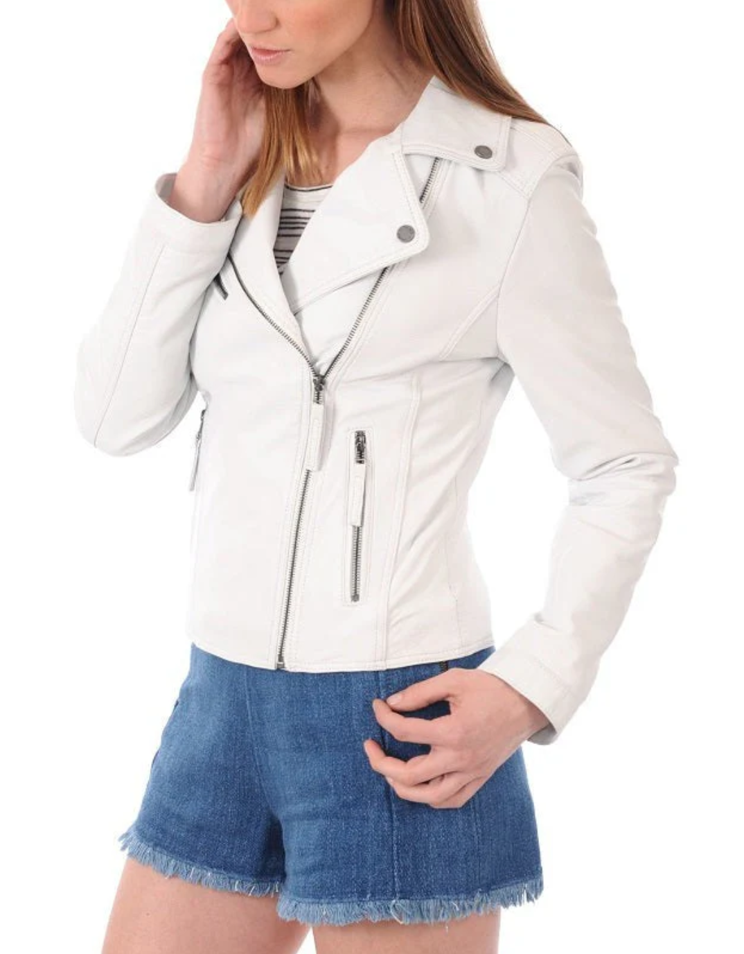 Women's White Leather Biker Jacket – Slim Fit Moto Style