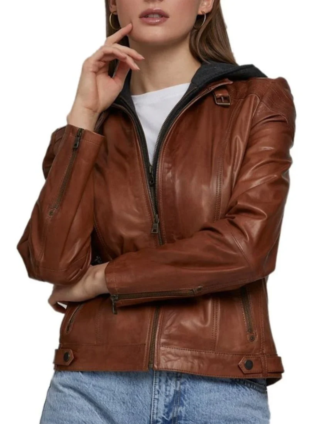 Women’s Brown Leather Jacket with Detachable Hoodie
