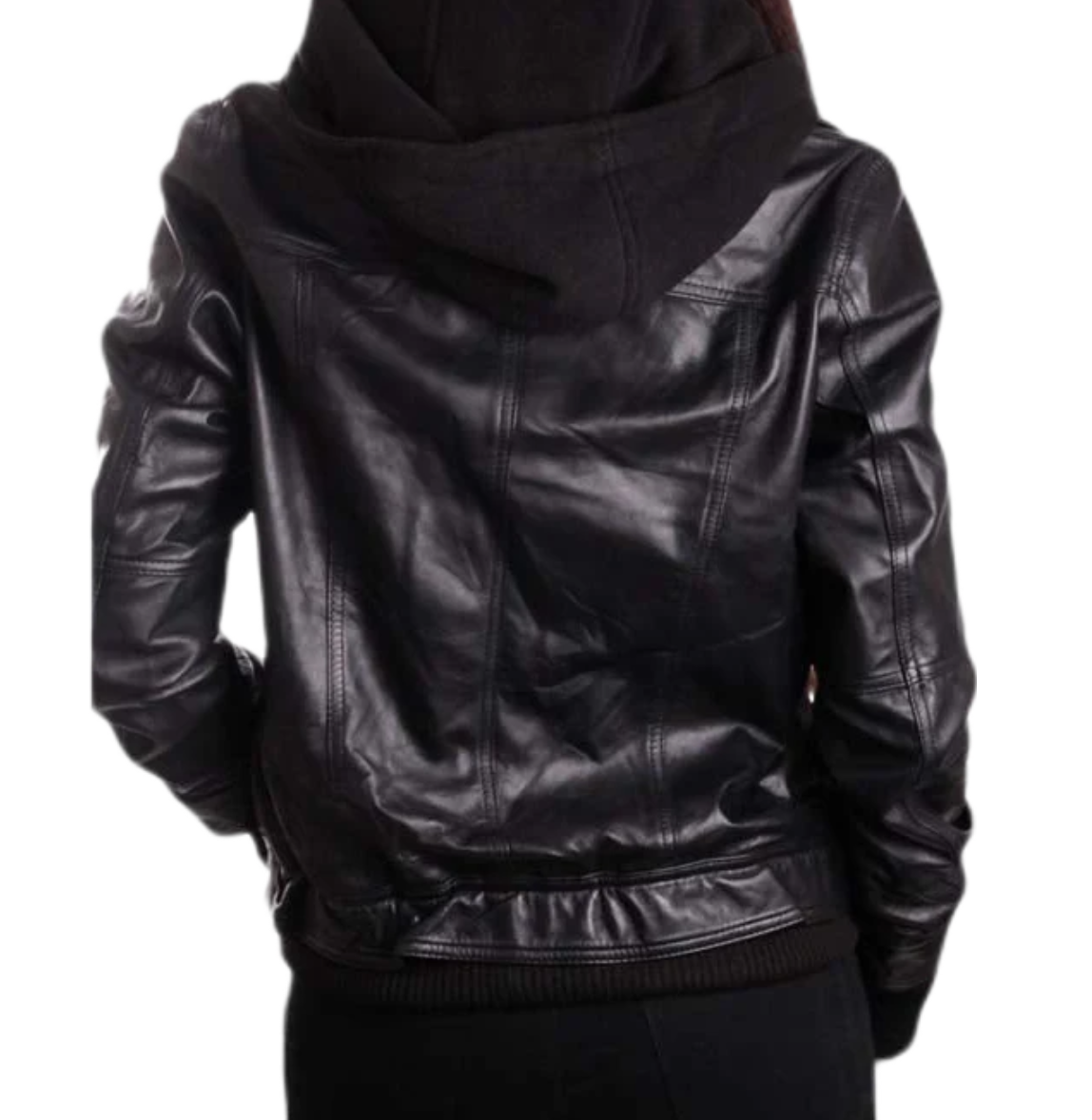Women’s Black Leather Jacket with Detachable Hoodie