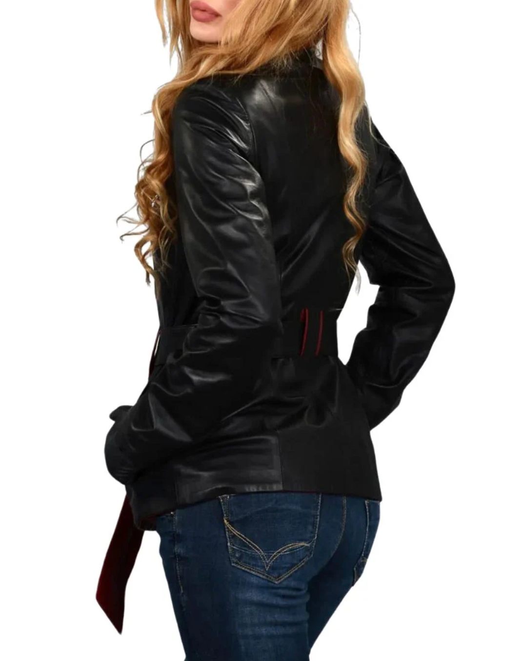 Women’s Black & Red Belted Leather Jacket