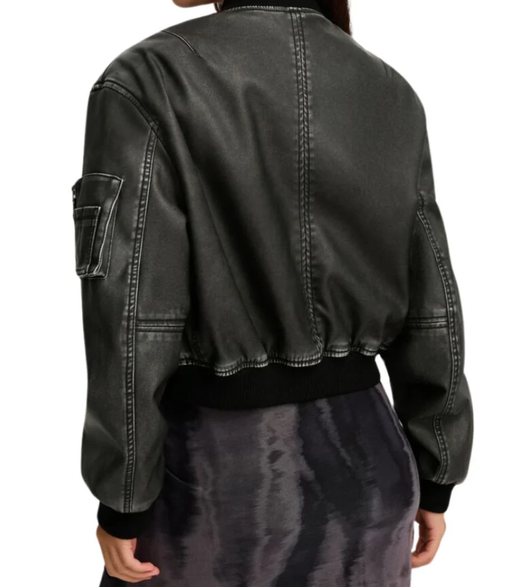 Women's Black Leather Cropped Bomber Jacket with Ribbed Trim
