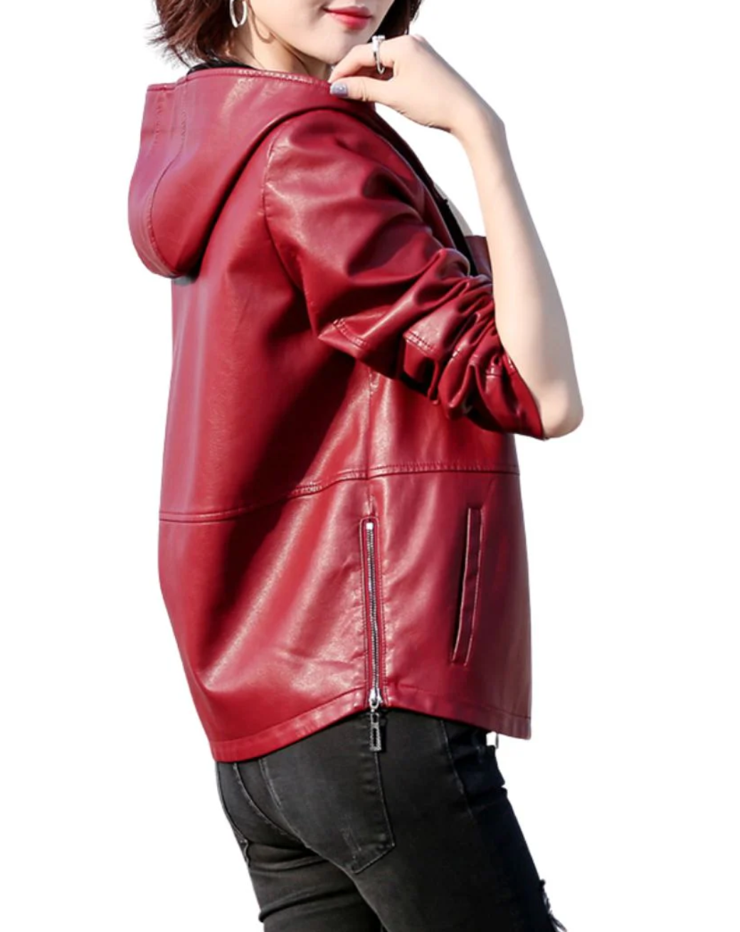 Women's Burgundy Leather Hooded Jacket with Zip Pockets