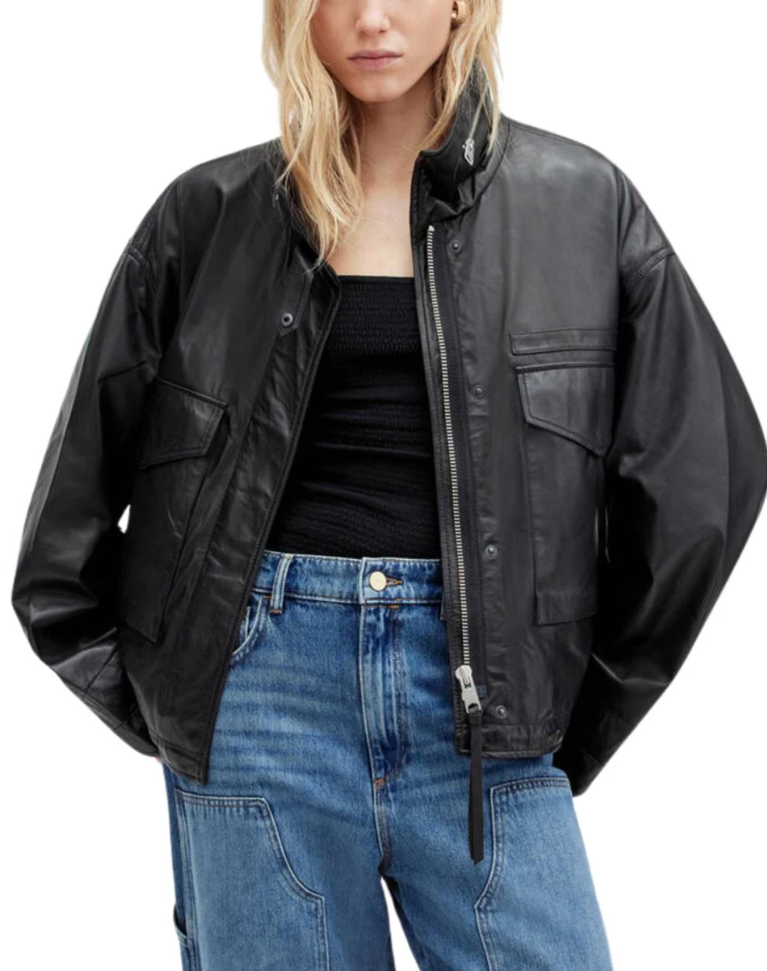 Women's Black Leather Utility Jacket | Oversized Cargo Pockets Wholesale