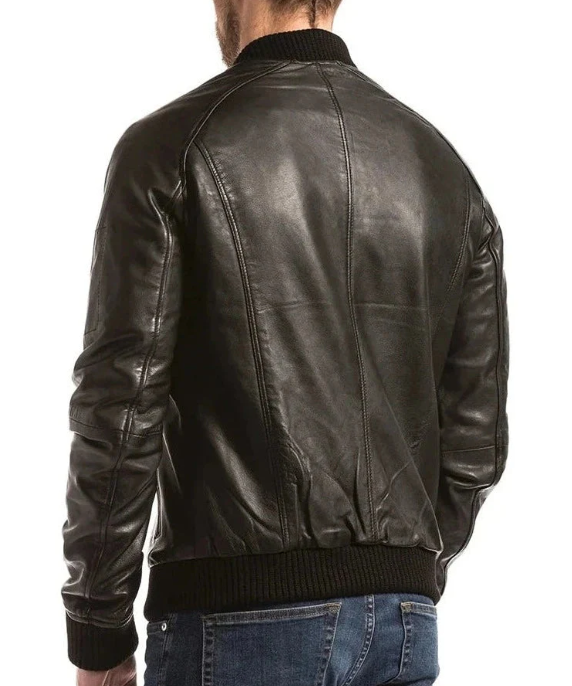 Men’s Black Bomber Leather Jacket with Ribbed Collar & Cuffs