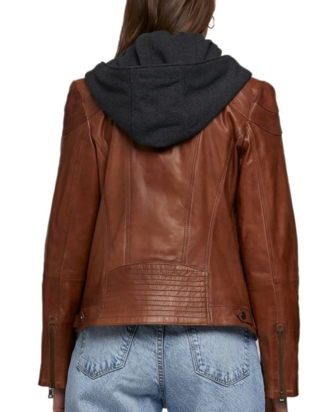 Women’s Brown Leather Jacket with Detachable Hoodie