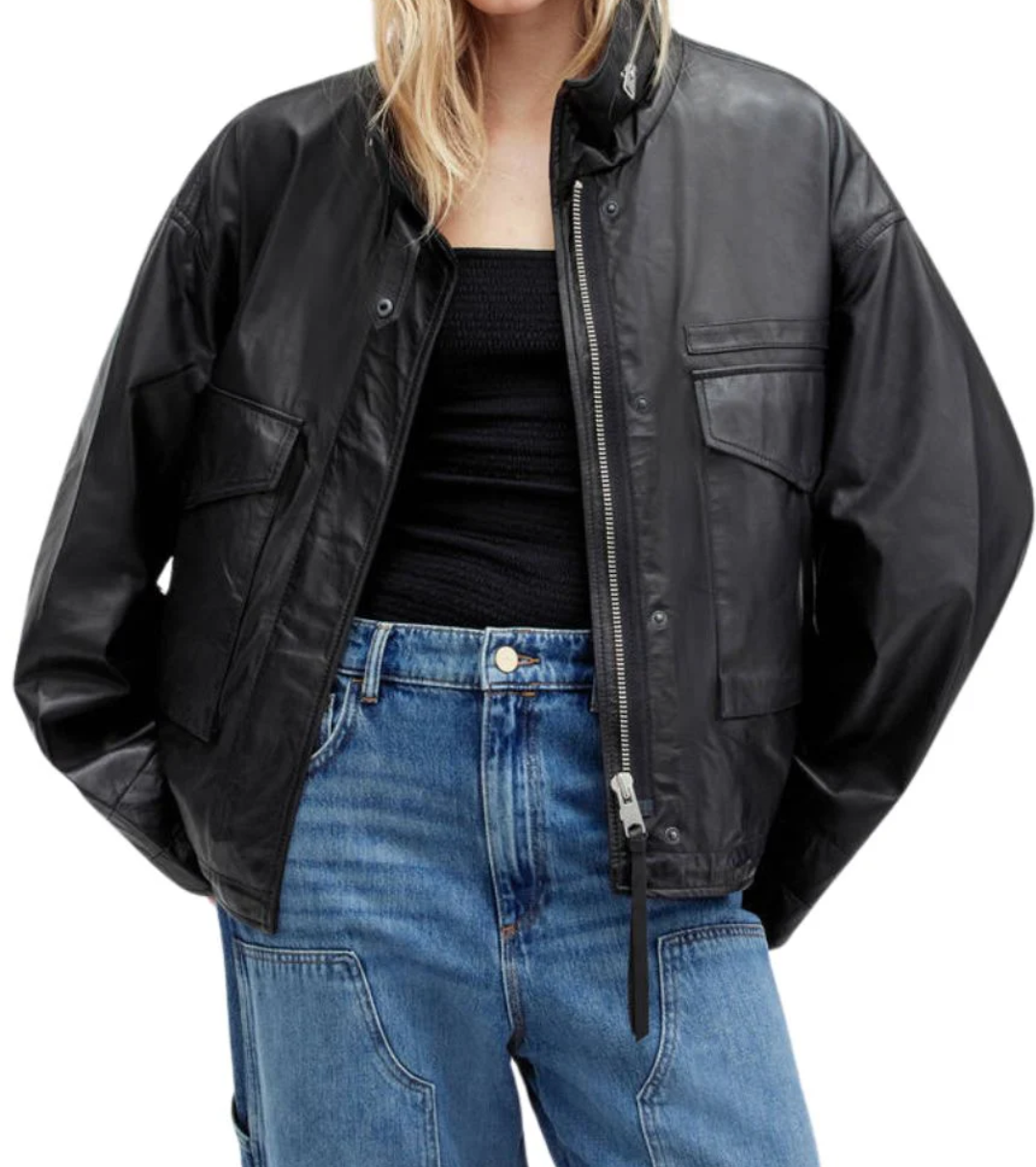 Women’s Black Leather Oversized Utility Jacket