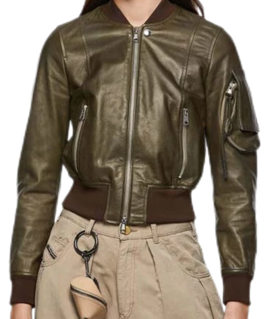 Women’s Olive Green Bomber Leather Jacket