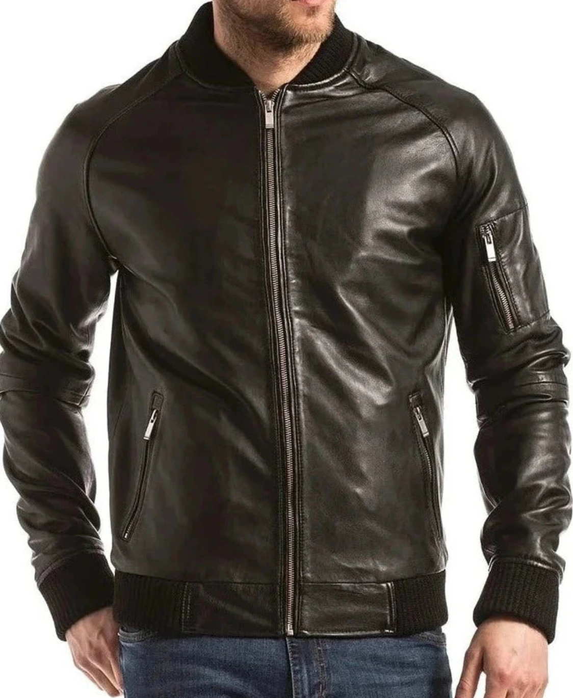 Men’s Black Bomber Leather Jacket with Ribbed Collar & Cuffs