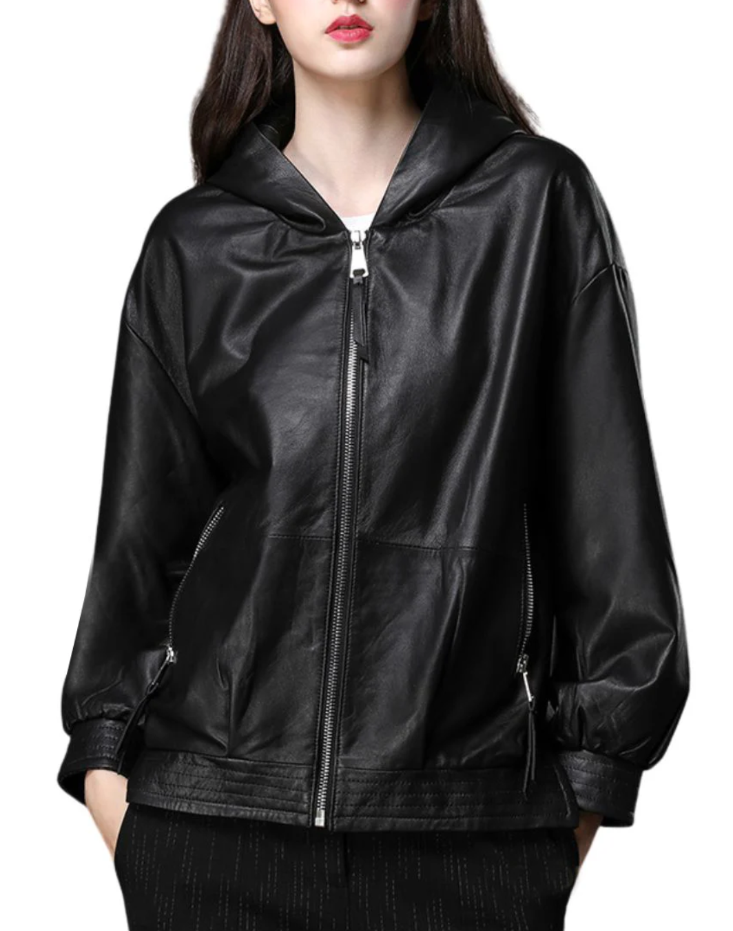 Women's Black Leather Hooded Zip Jacket | Wholesale Manufacturer India